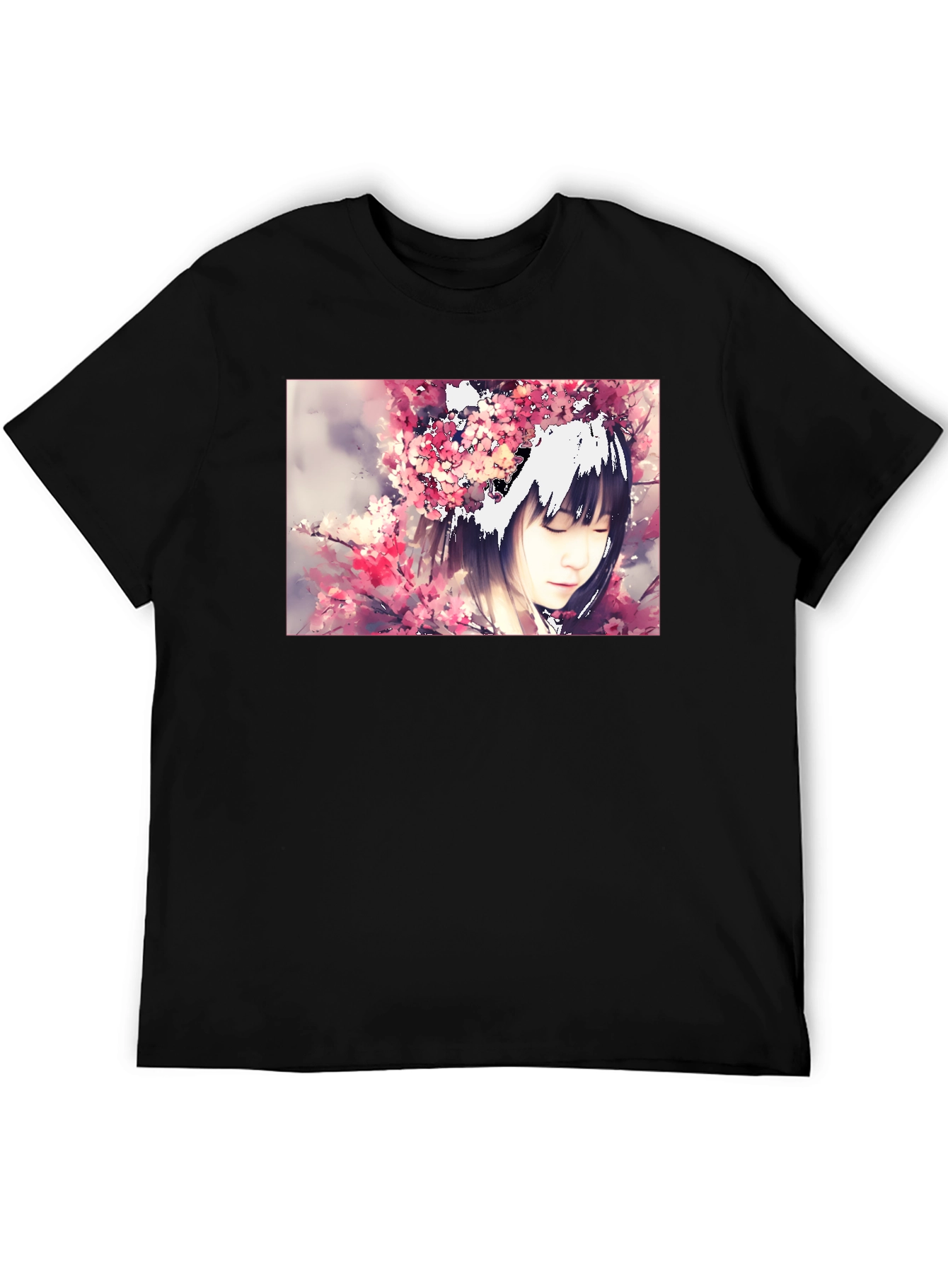 Anime Girl Cherry Blossom Black T-Shirt