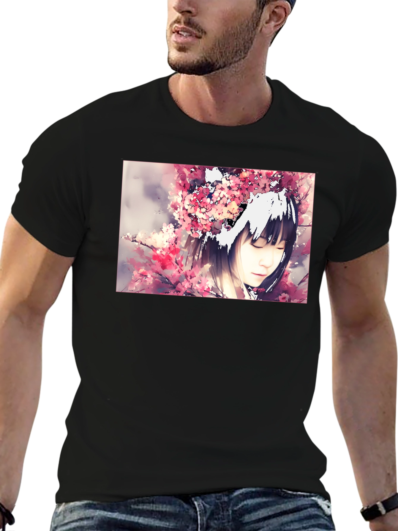 Anime Girl Cherry Blossom Black T-Shirt
