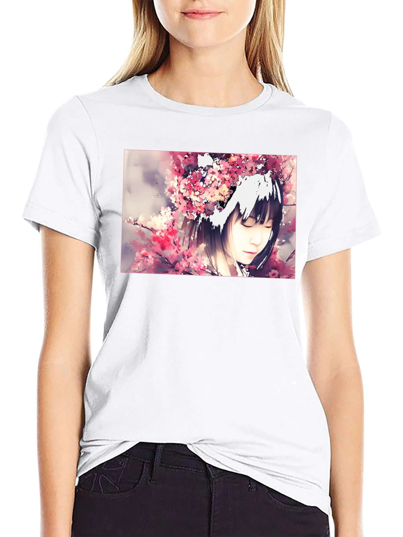 Anime Girl Cherry Blossom Black T-Shirt
