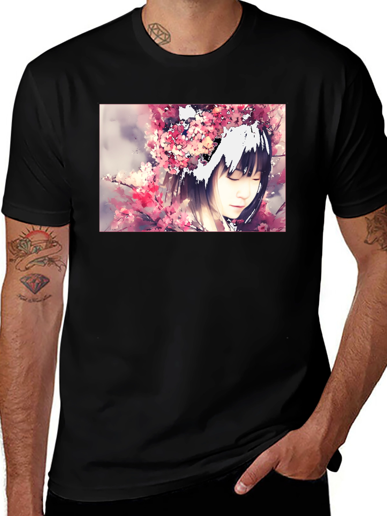 Anime Girl Cherry Blossom Black T-Shirt