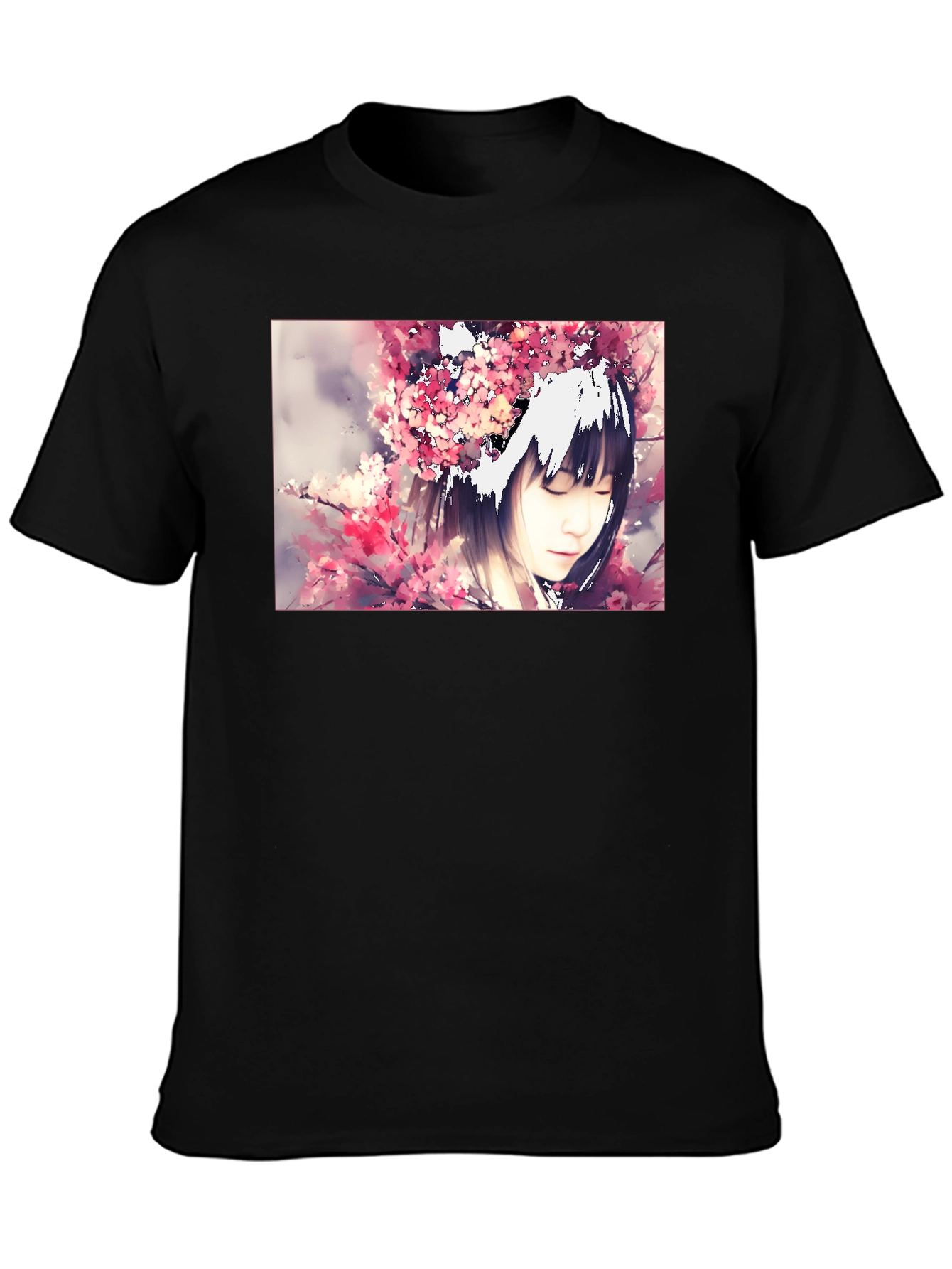 Anime Girl Cherry Blossom Black T-Shirt