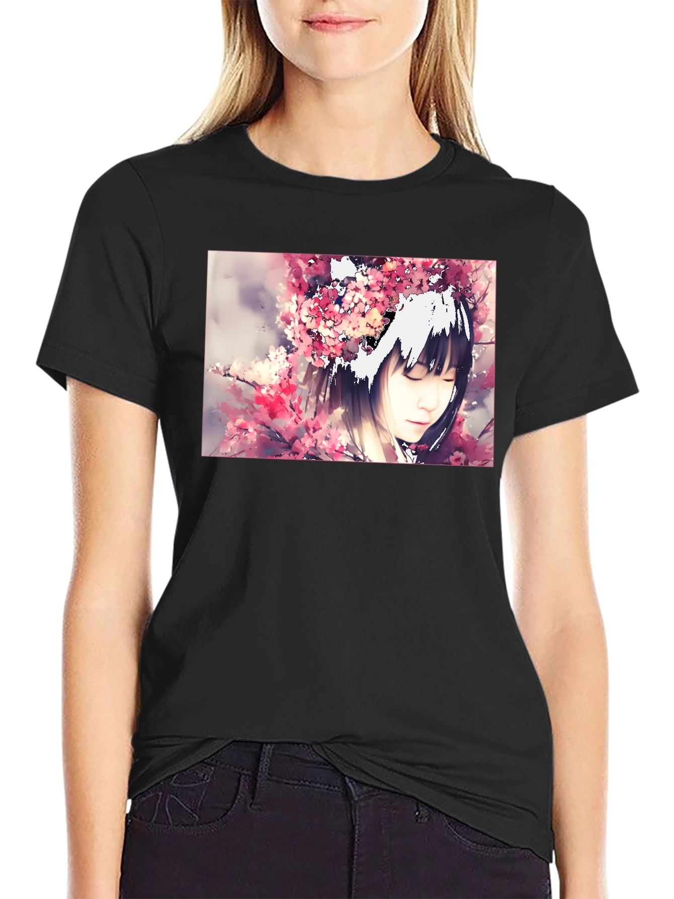 Anime Girl Cherry Blossom Black T-Shirt