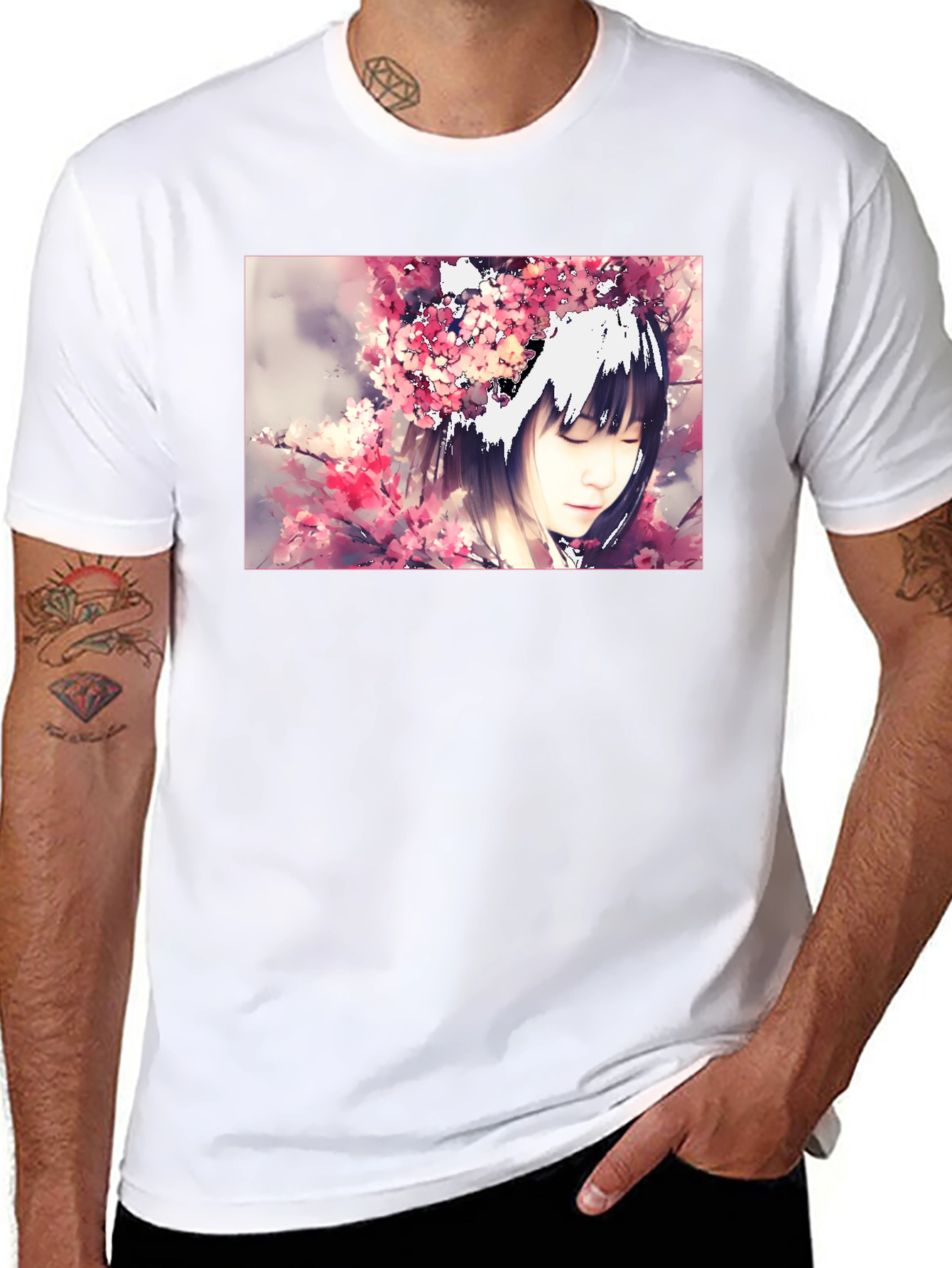 Anime Girl Cherry Blossom Black T-Shirt