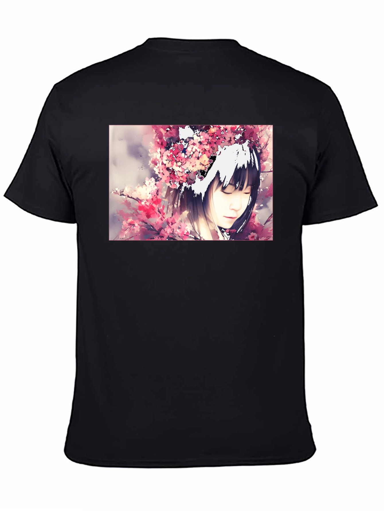 Anime Girl Cherry Blossom Black T-Shirt