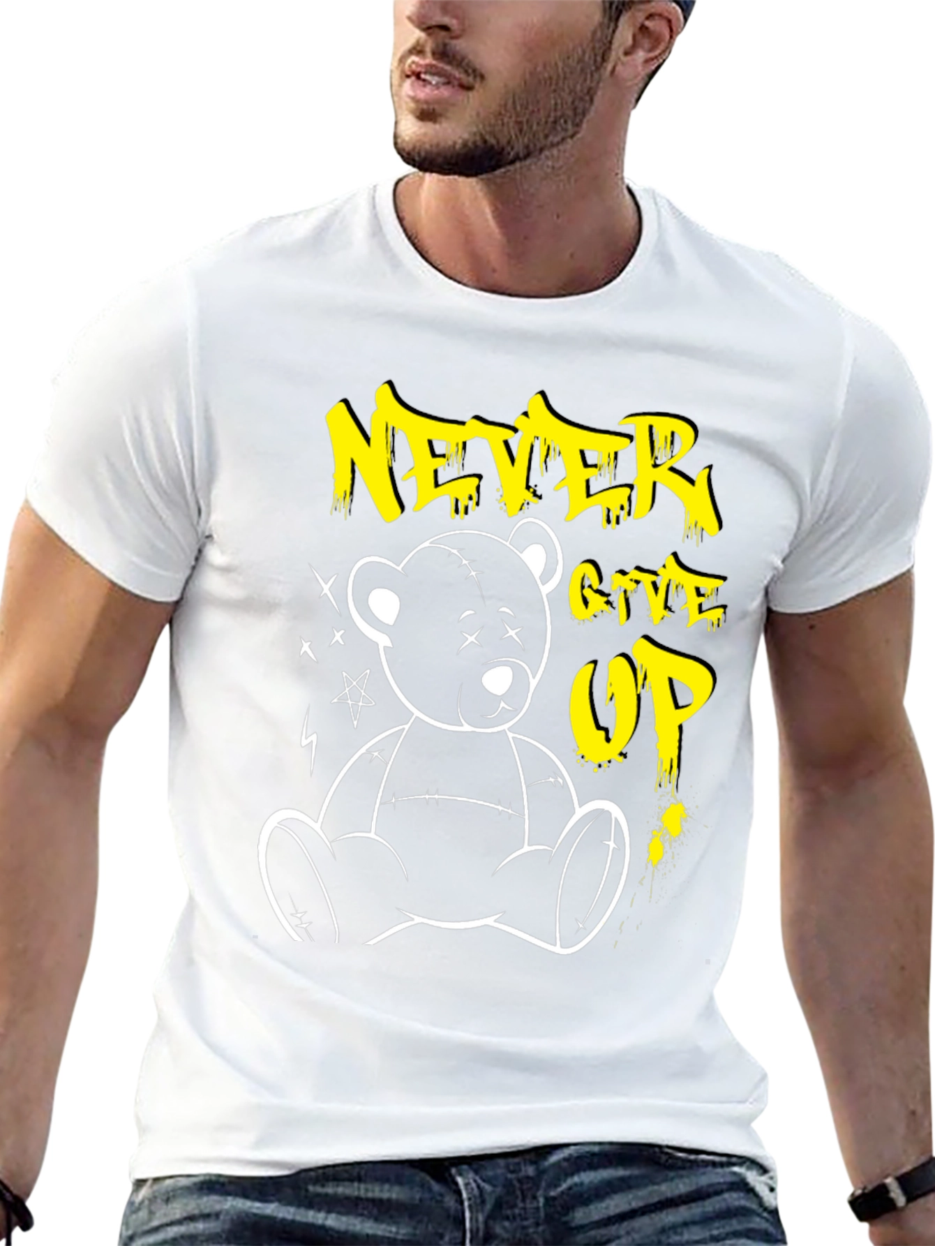 Never Give Up Teddy Bear Graphic T-Shirt