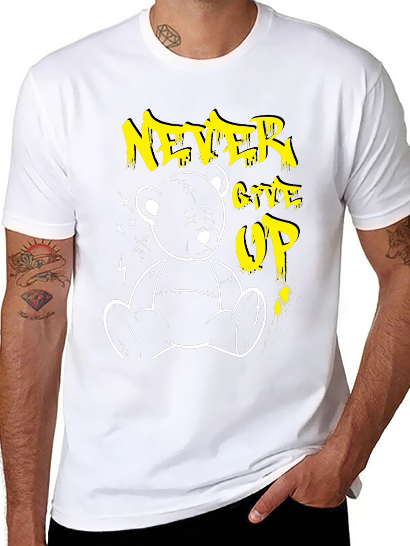 Never Give Up Teddy Bear Graphic T-Shirt