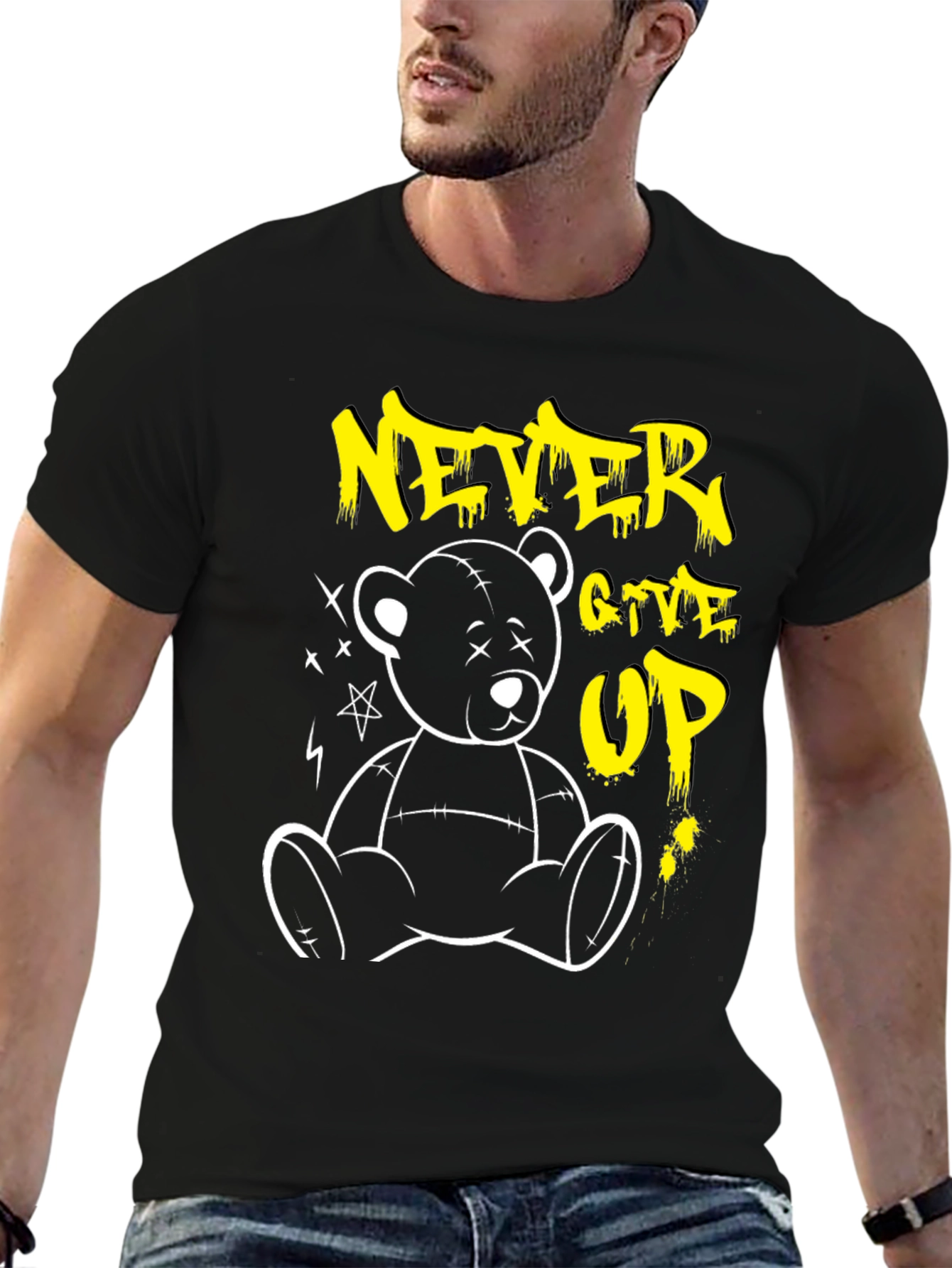 Never Give Up Teddy Bear Graphic T-Shirt