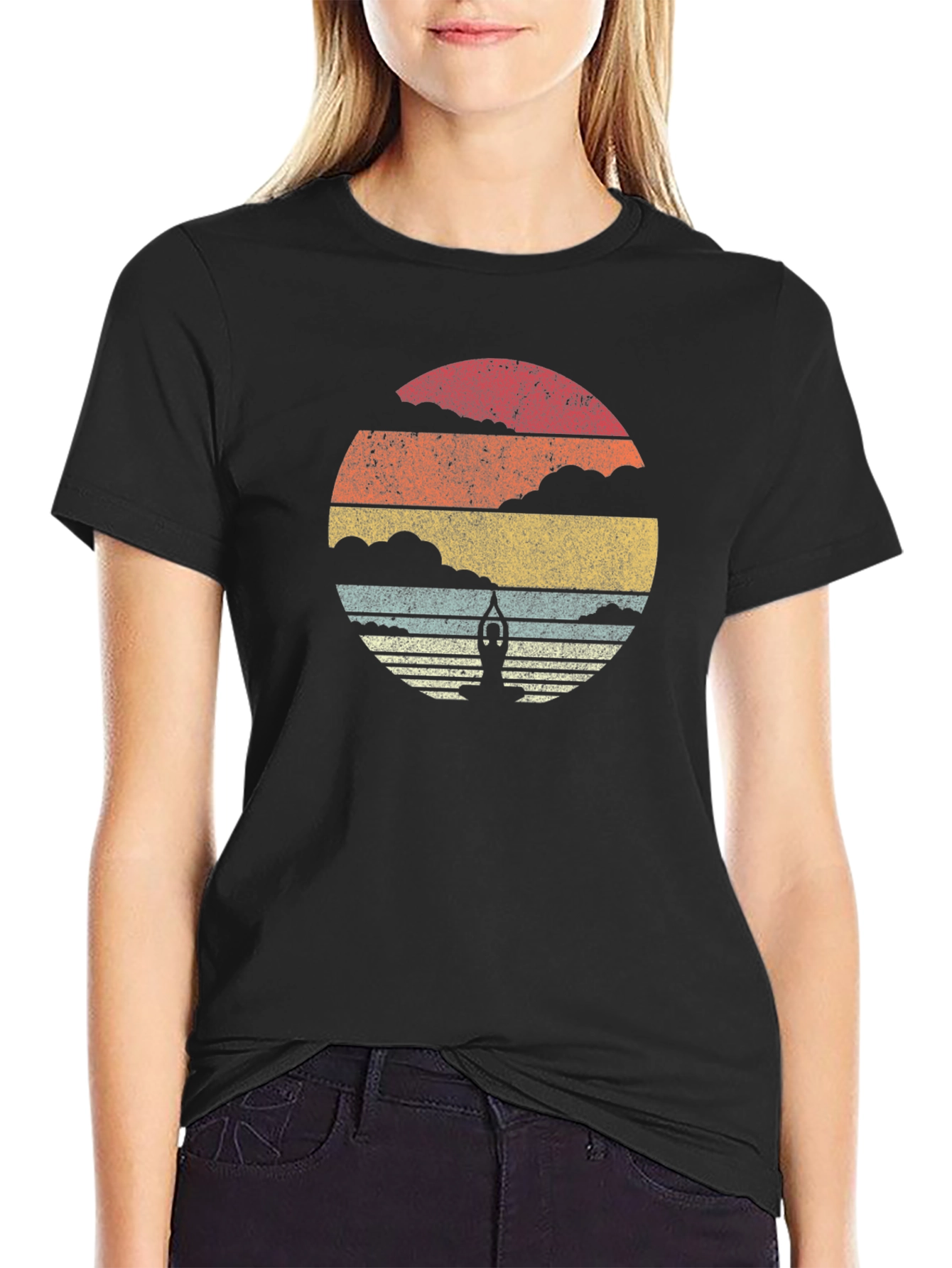 Retro Yoga Pose Sunset Graphic T-Shirt