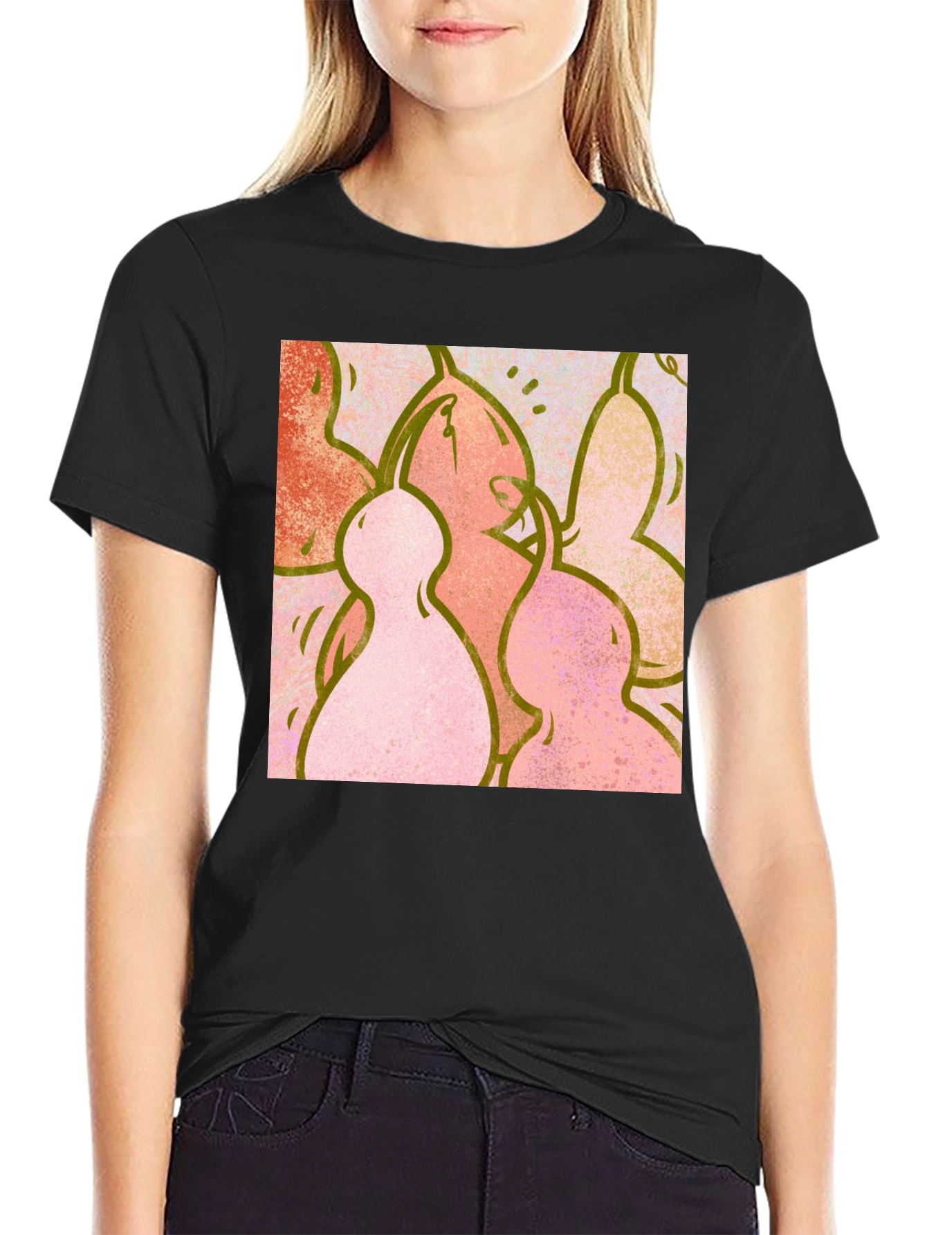 Abstract Figure Print Black Crew Neck T-Shirt