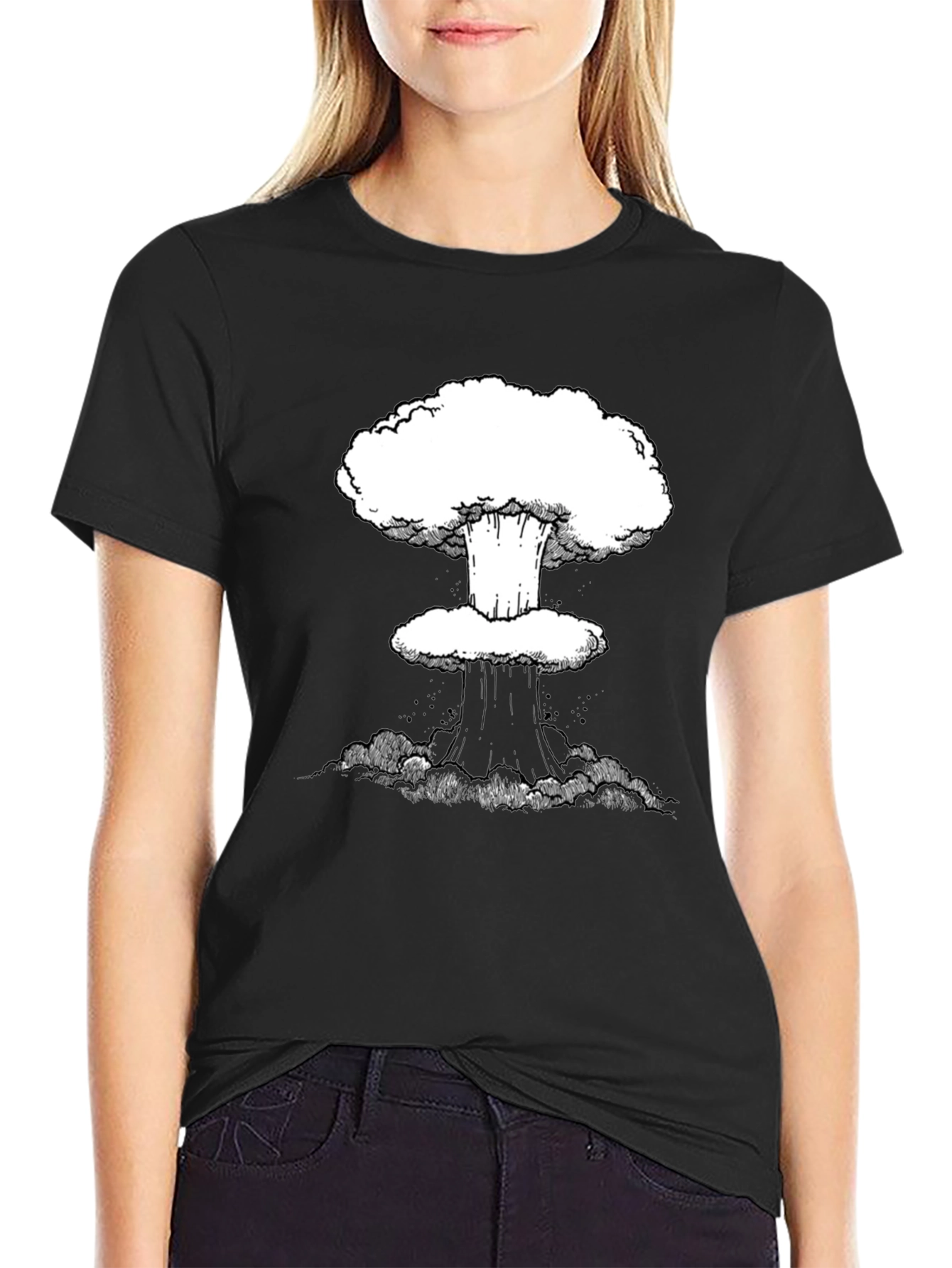 Mushroom Cloud Graphic Tee - Black Cotton Casual
