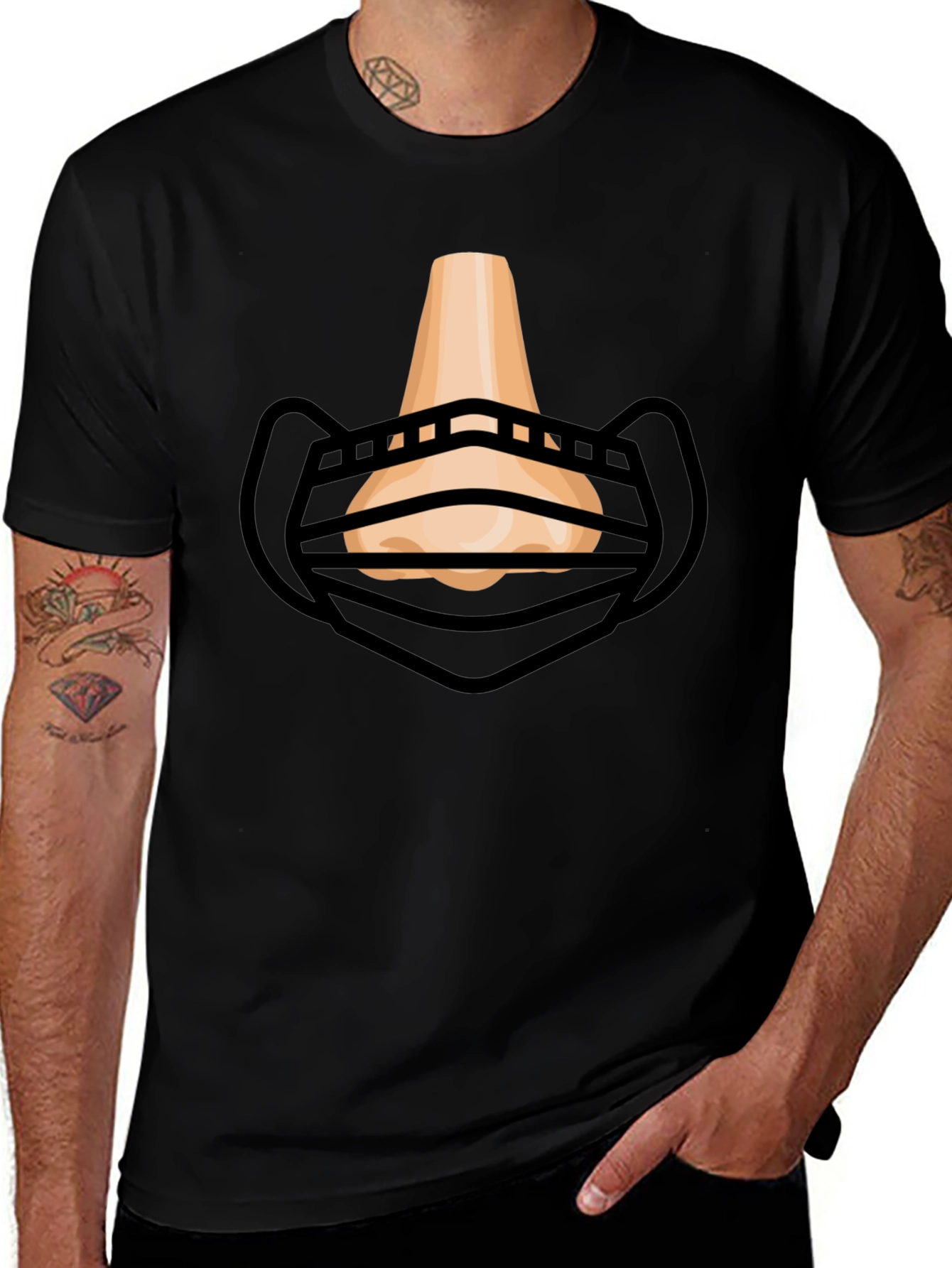 Humorous Masked Nose Graphic T-Shirt - Black