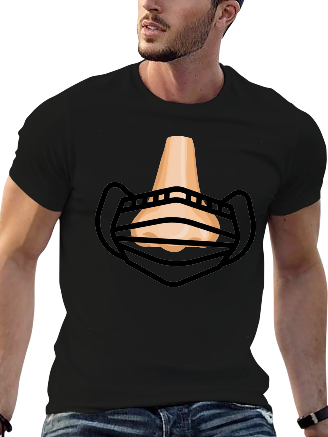 Humorous Masked Nose Graphic T-Shirt - Black