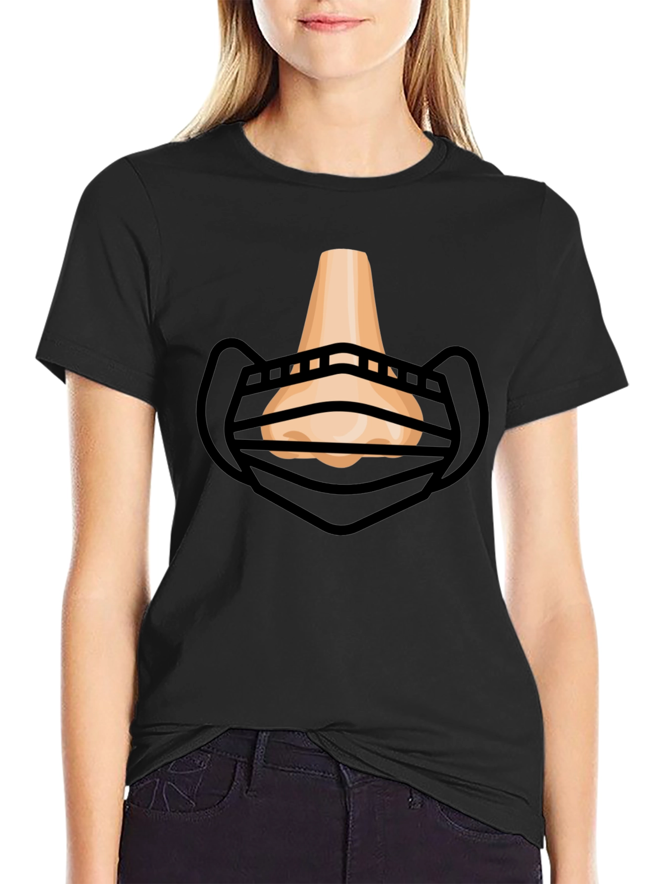 Humorous Masked Nose Graphic T-Shirt - Black
