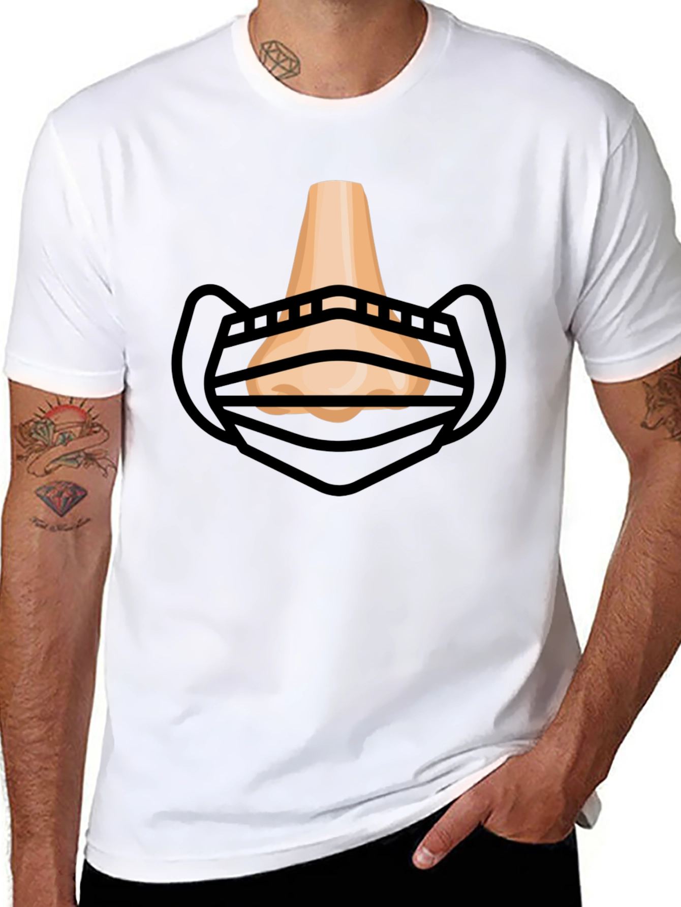 Humorous Masked Nose Graphic T-Shirt - Black