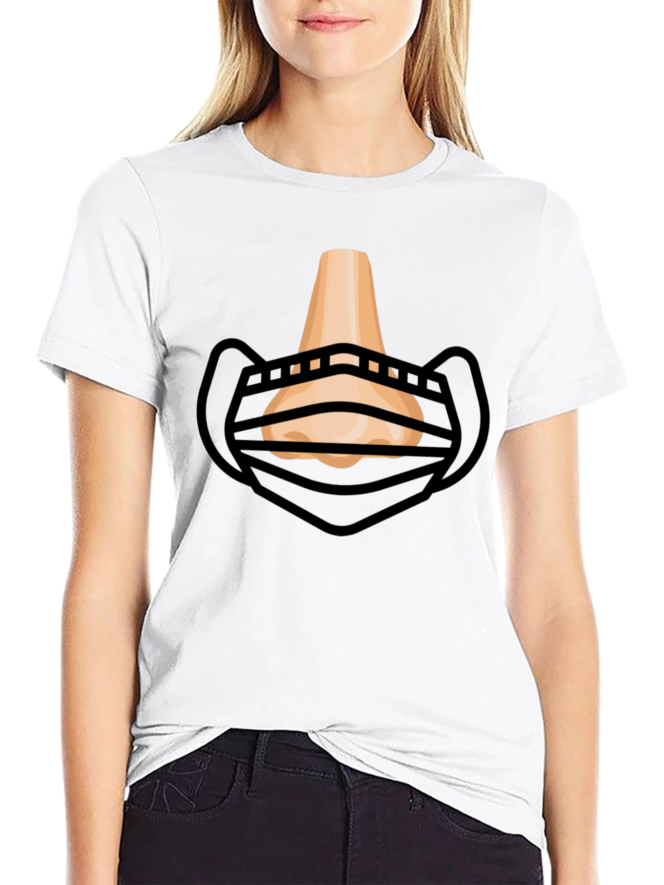 Humorous Masked Nose Graphic T-Shirt - Black