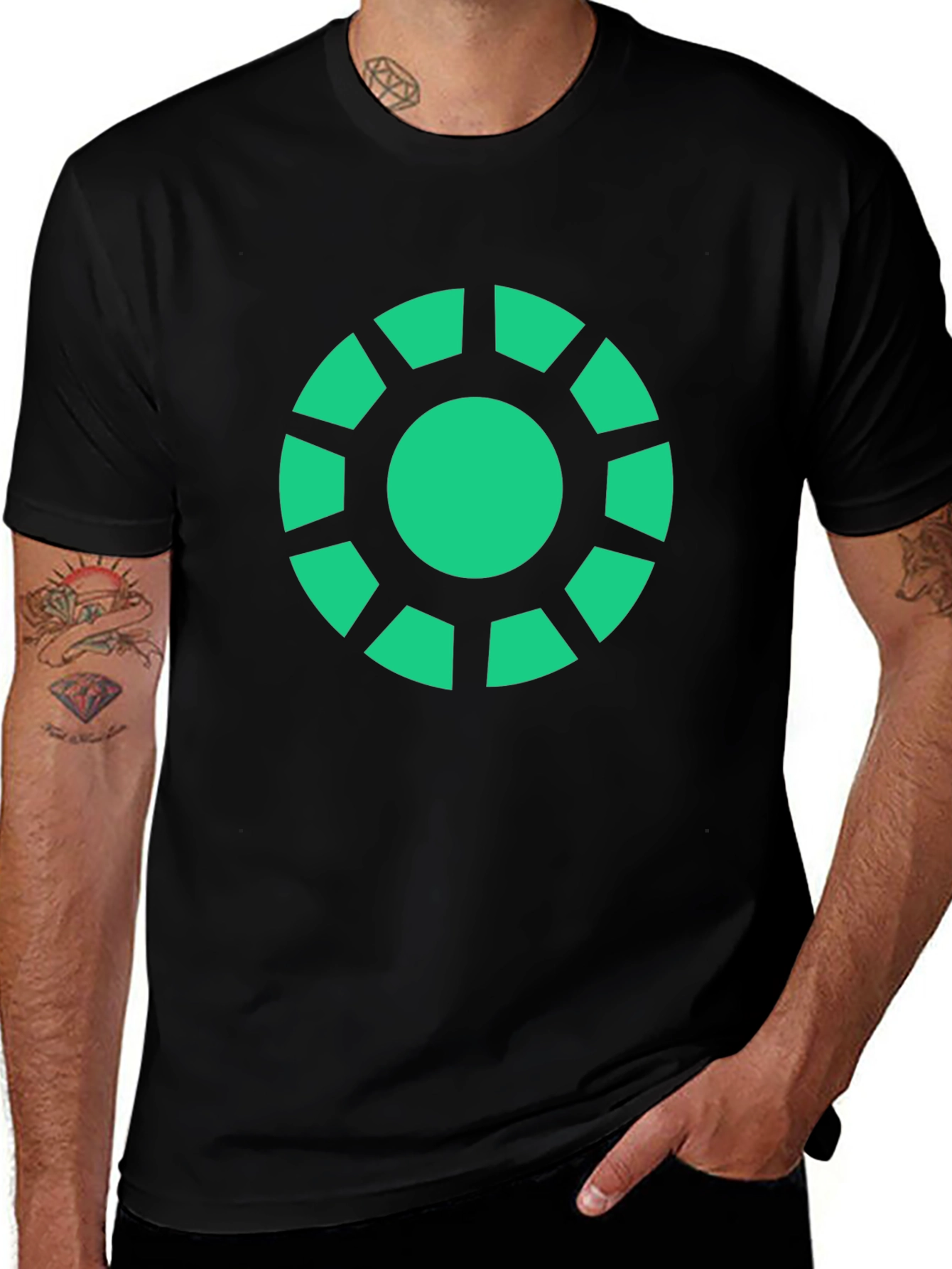 Geometric Green Graphic Print Black T-Shirt