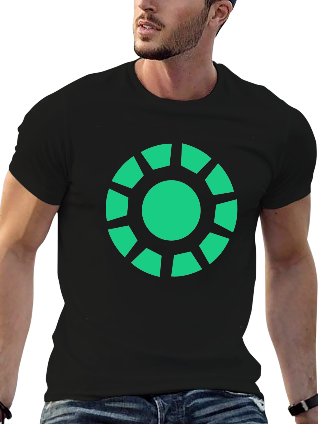 Geometric Green Graphic Print Black T-Shirt