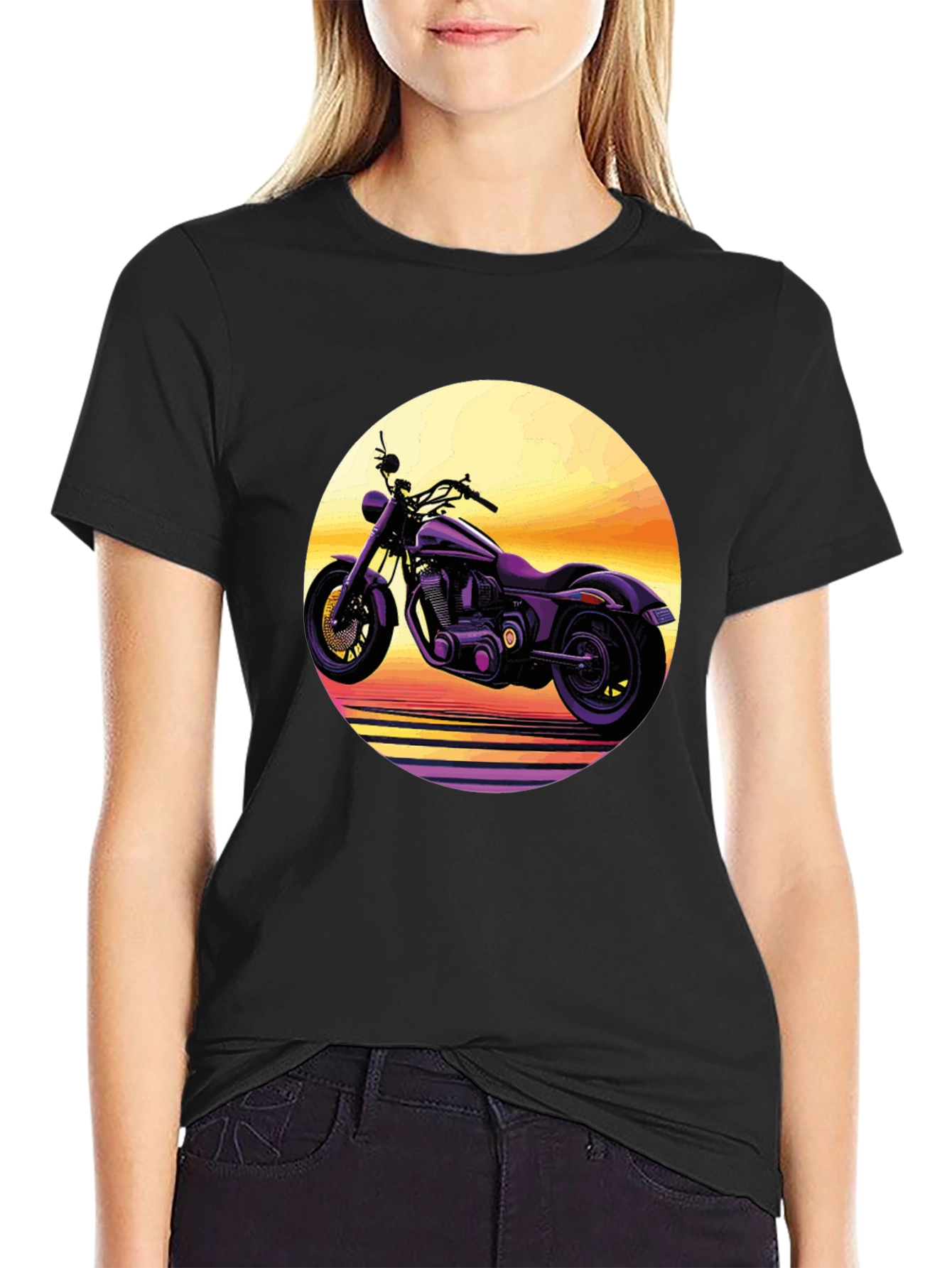 Retro Motorcycle Sunset Graphic Tee - Black