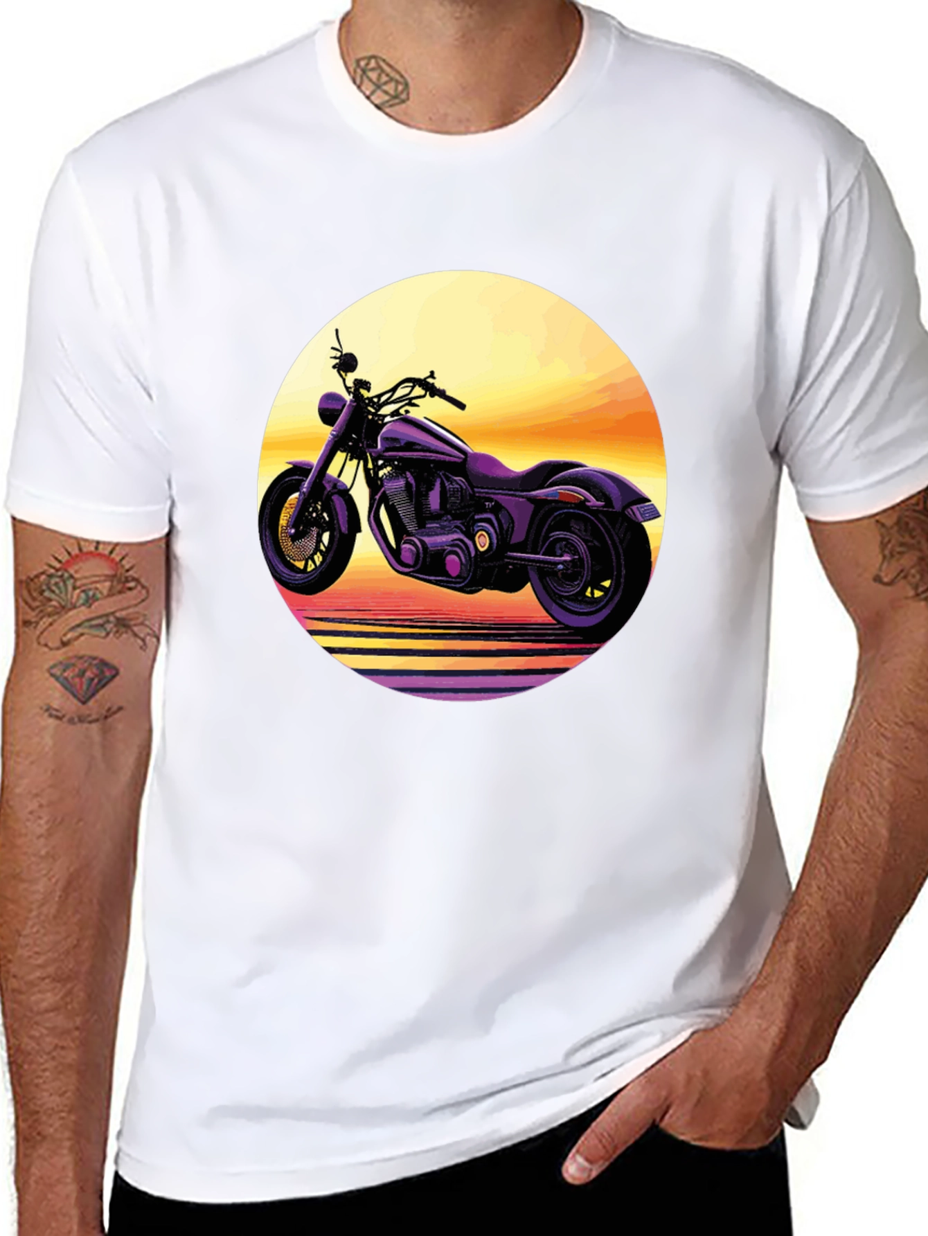 Retro Motorcycle Sunset Graphic Tee - Black