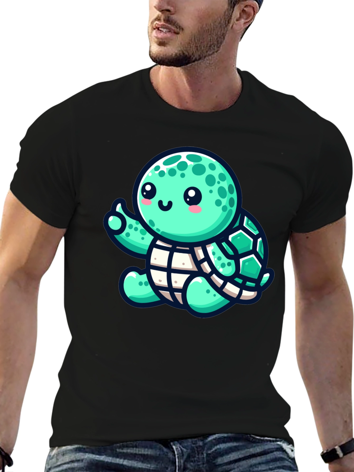 Cute Turtle Graphic Tee - Black Cotton T-Shirt