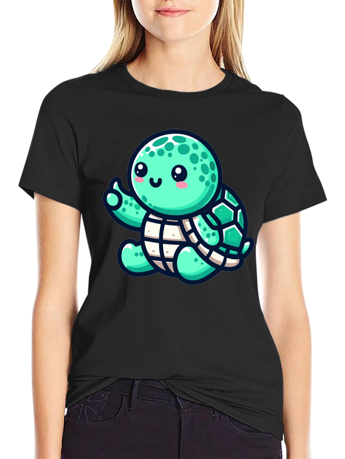 Cute Turtle Graphic Tee - Black Cotton T-Shirt