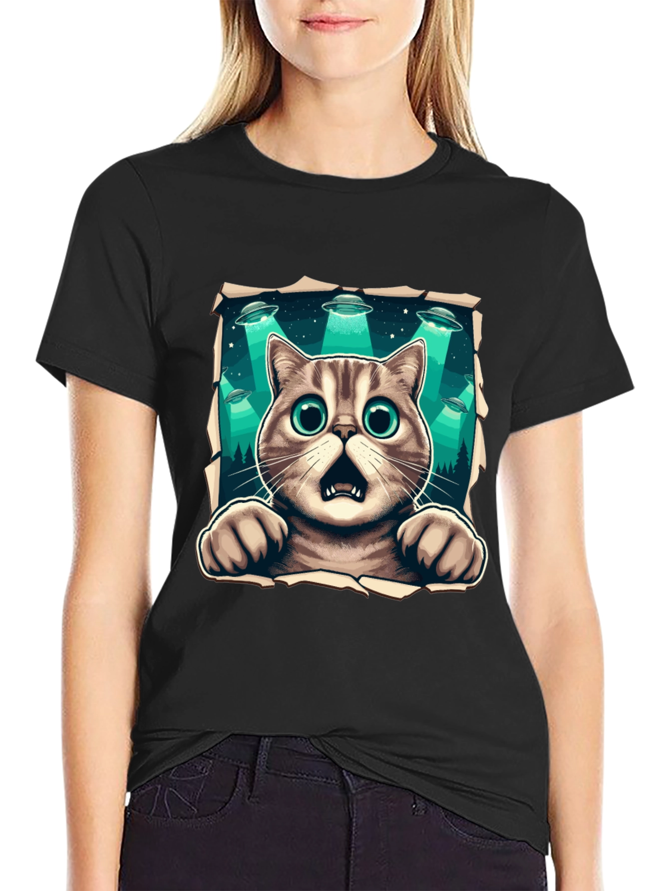Alien Abduction Cat Graphic T-Shirt