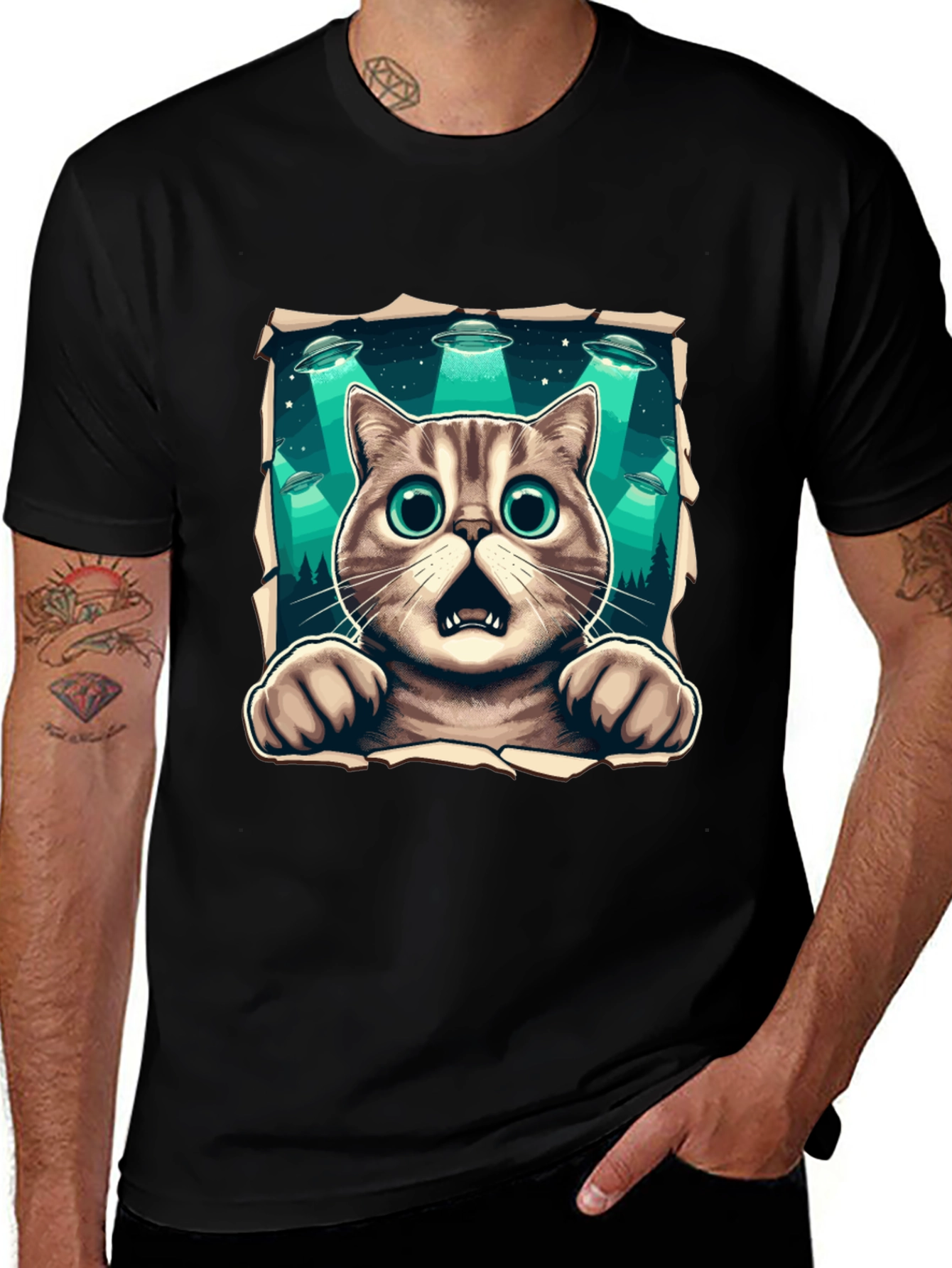 Alien Abduction Cat Graphic T-Shirt
