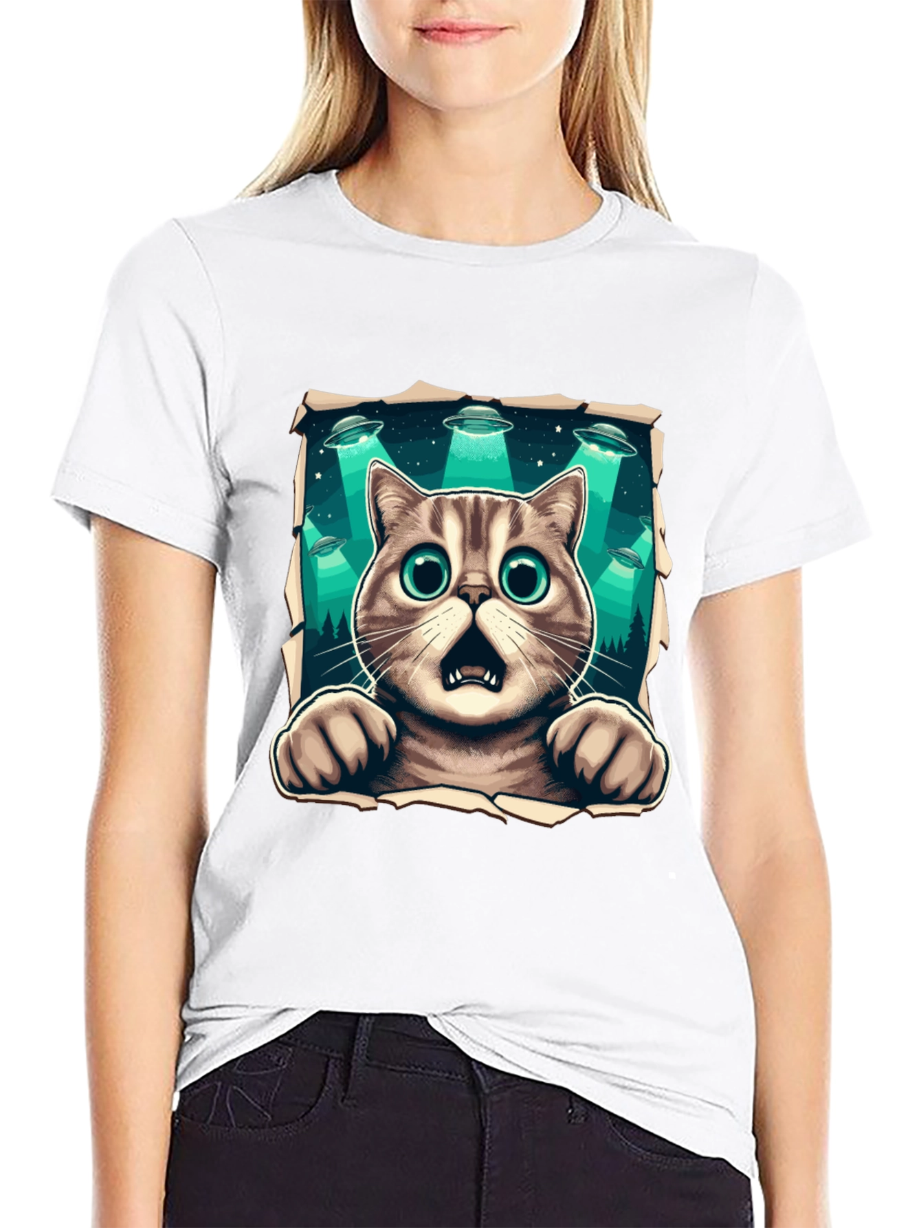 Alien Abduction Cat Graphic T-Shirt