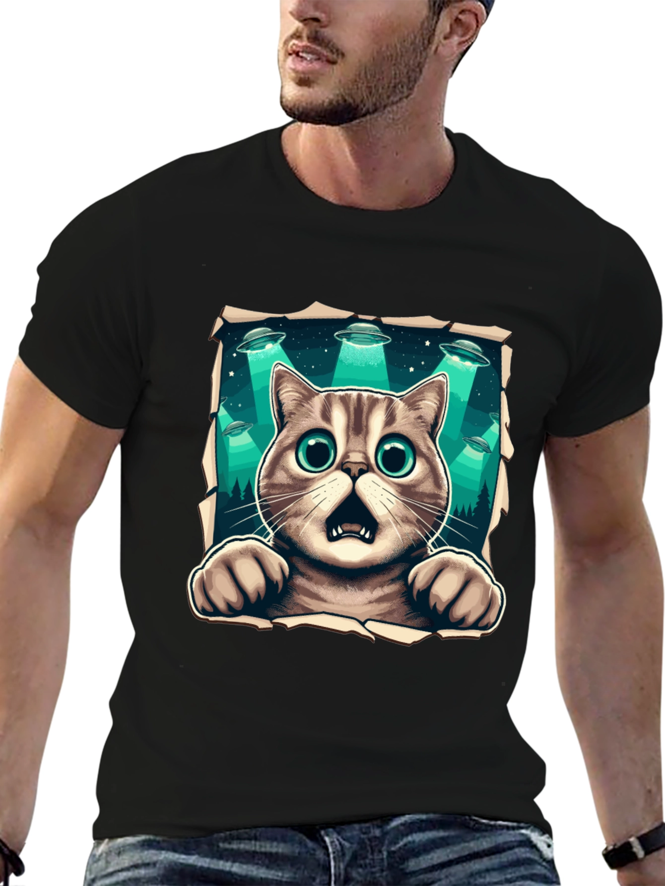 Alien Abduction Cat Graphic T-Shirt