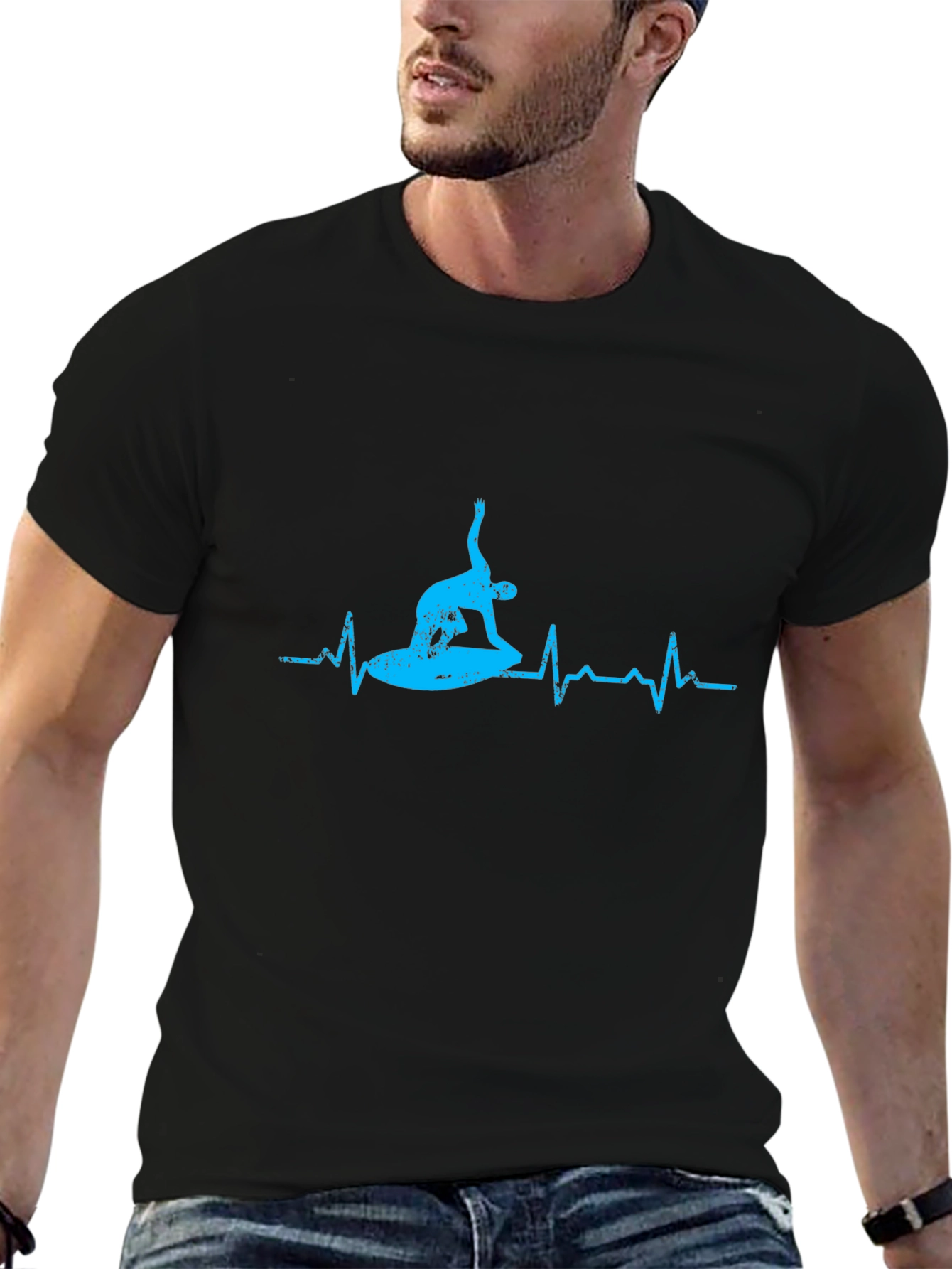 Surfing Heartbeat Graphic Tee - Black Cotton T-Shirt