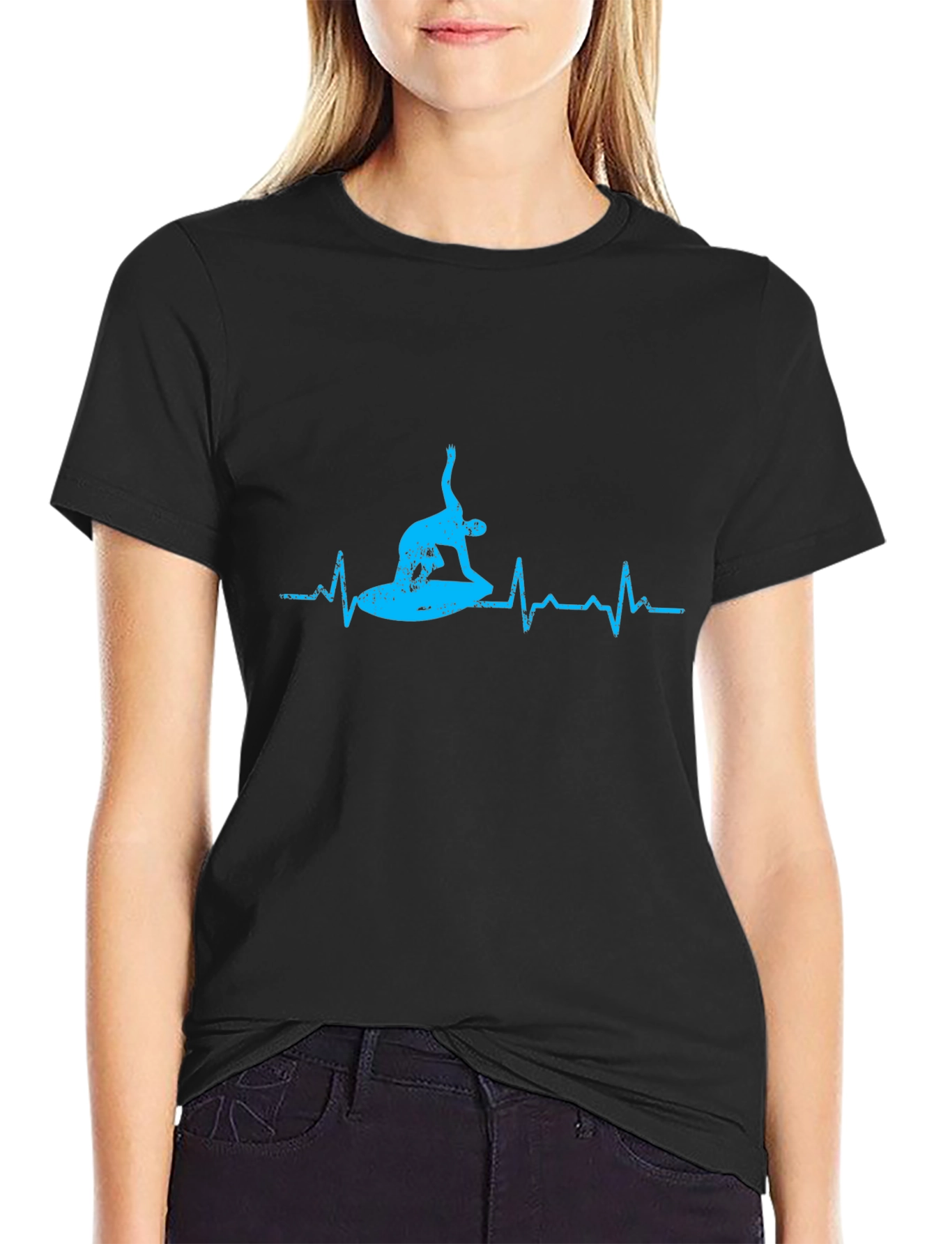 Surfing Heartbeat Graphic Tee - Black Cotton T-Shirt