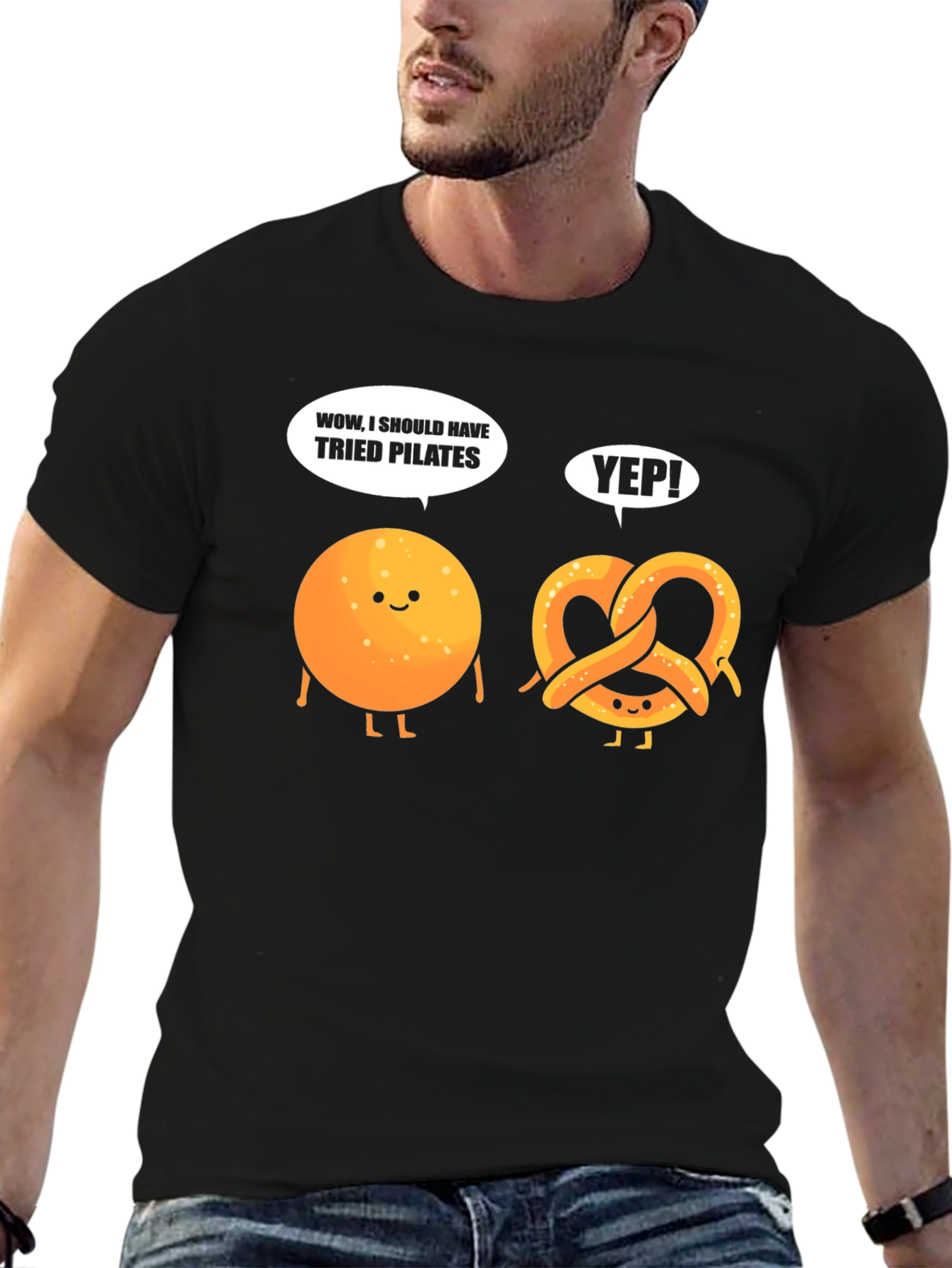 Funny Pilates T-Shirt - Cartoon Donut & Pretzel