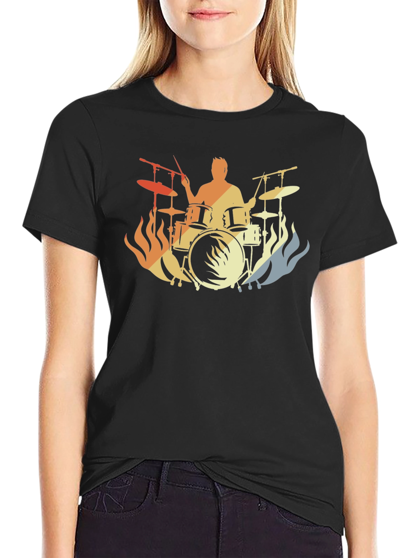 Drummer Fire Silhouette T-Shirt - Black Cotton Tee