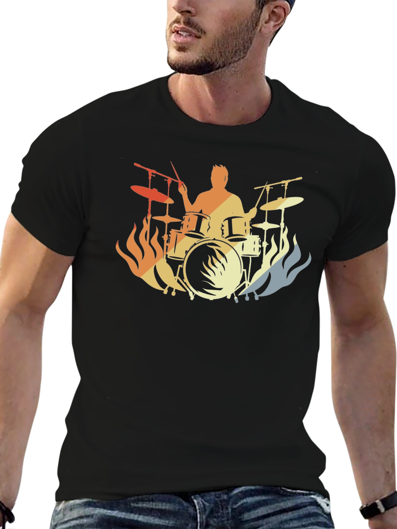 Drummer Fire Silhouette T-Shirt - Black Cotton Tee