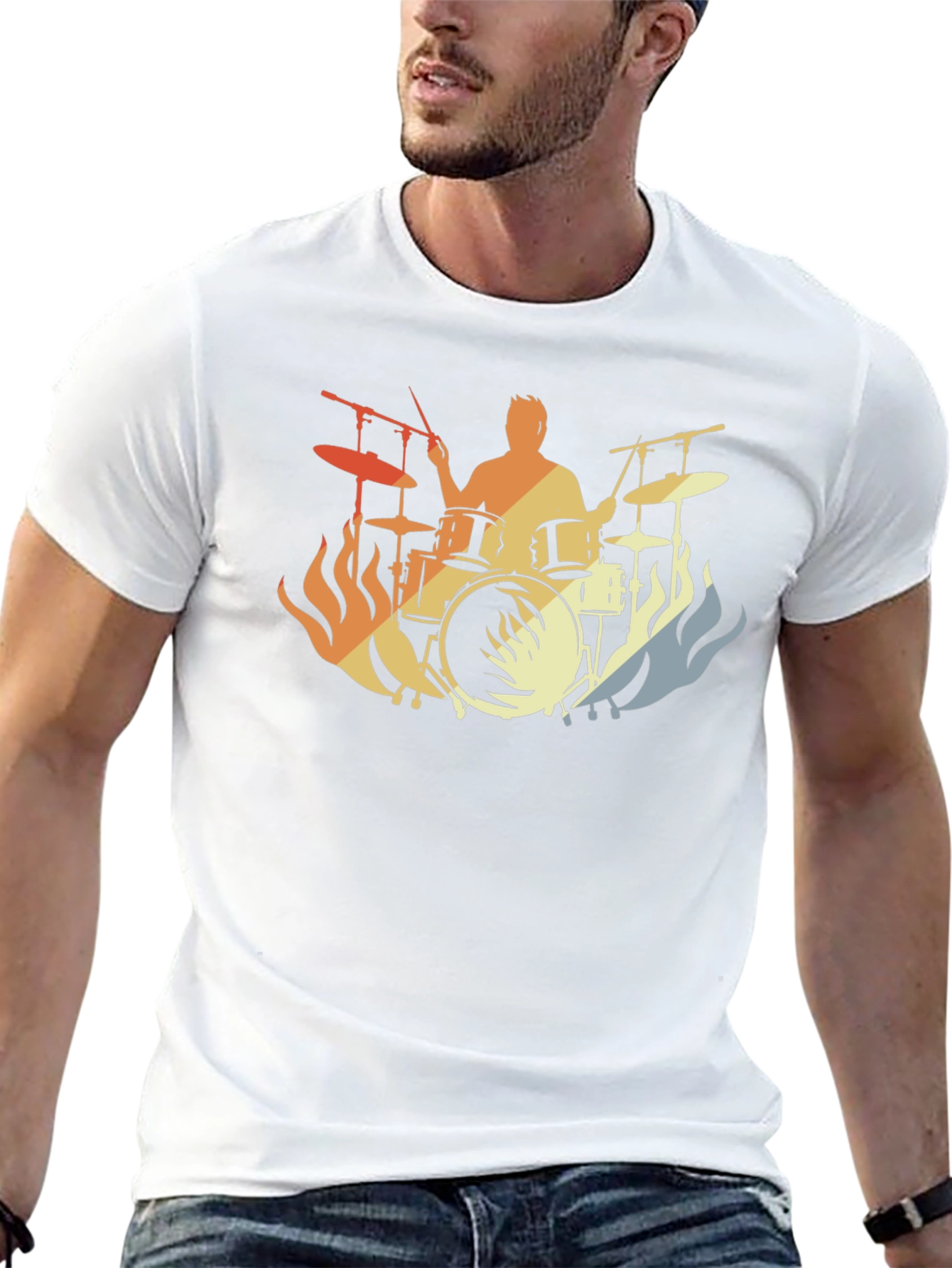 Drummer Fire Silhouette T-Shirt - Black Cotton Tee