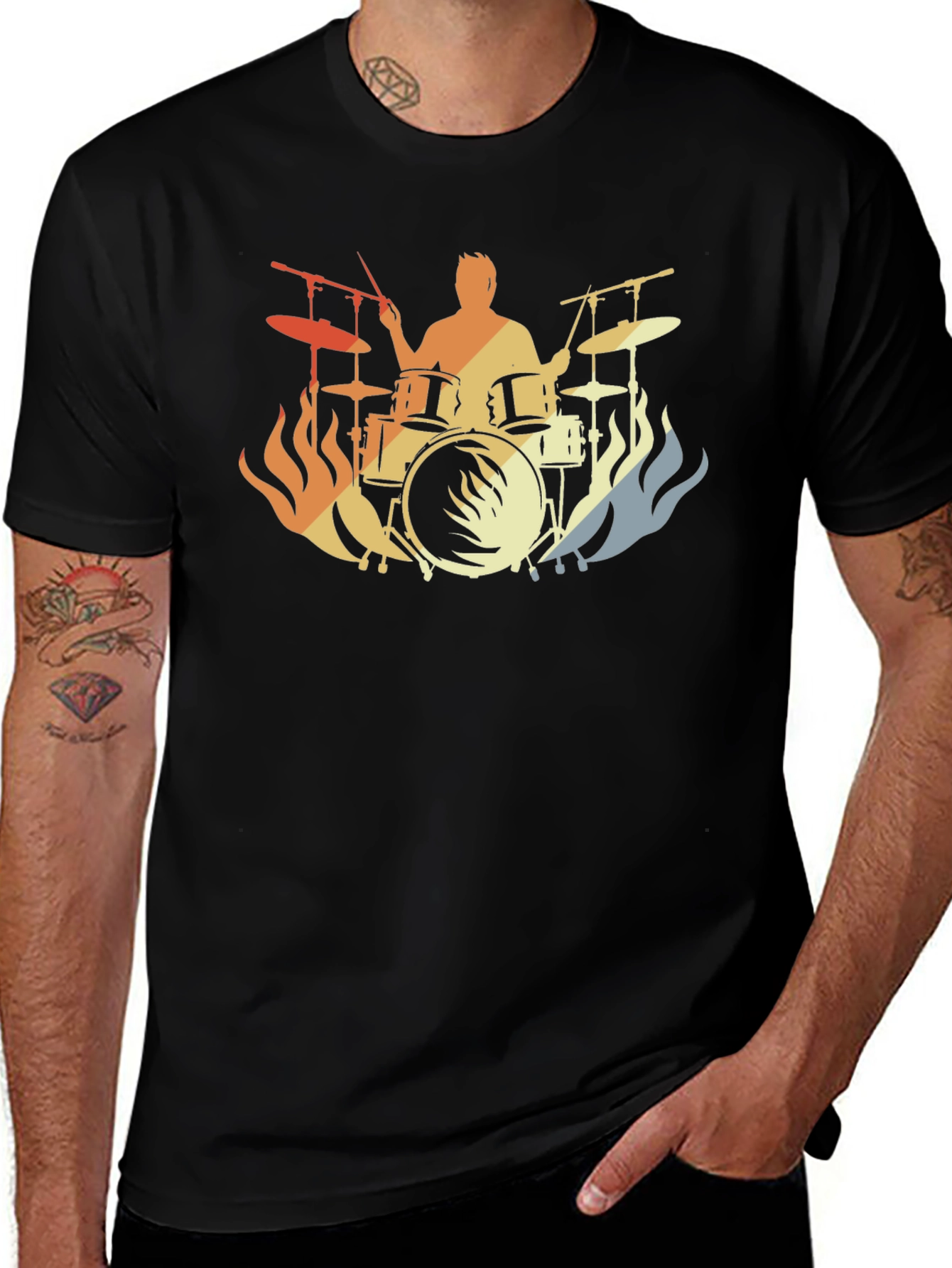 Drummer Fire Silhouette T-Shirt - Black Cotton Tee