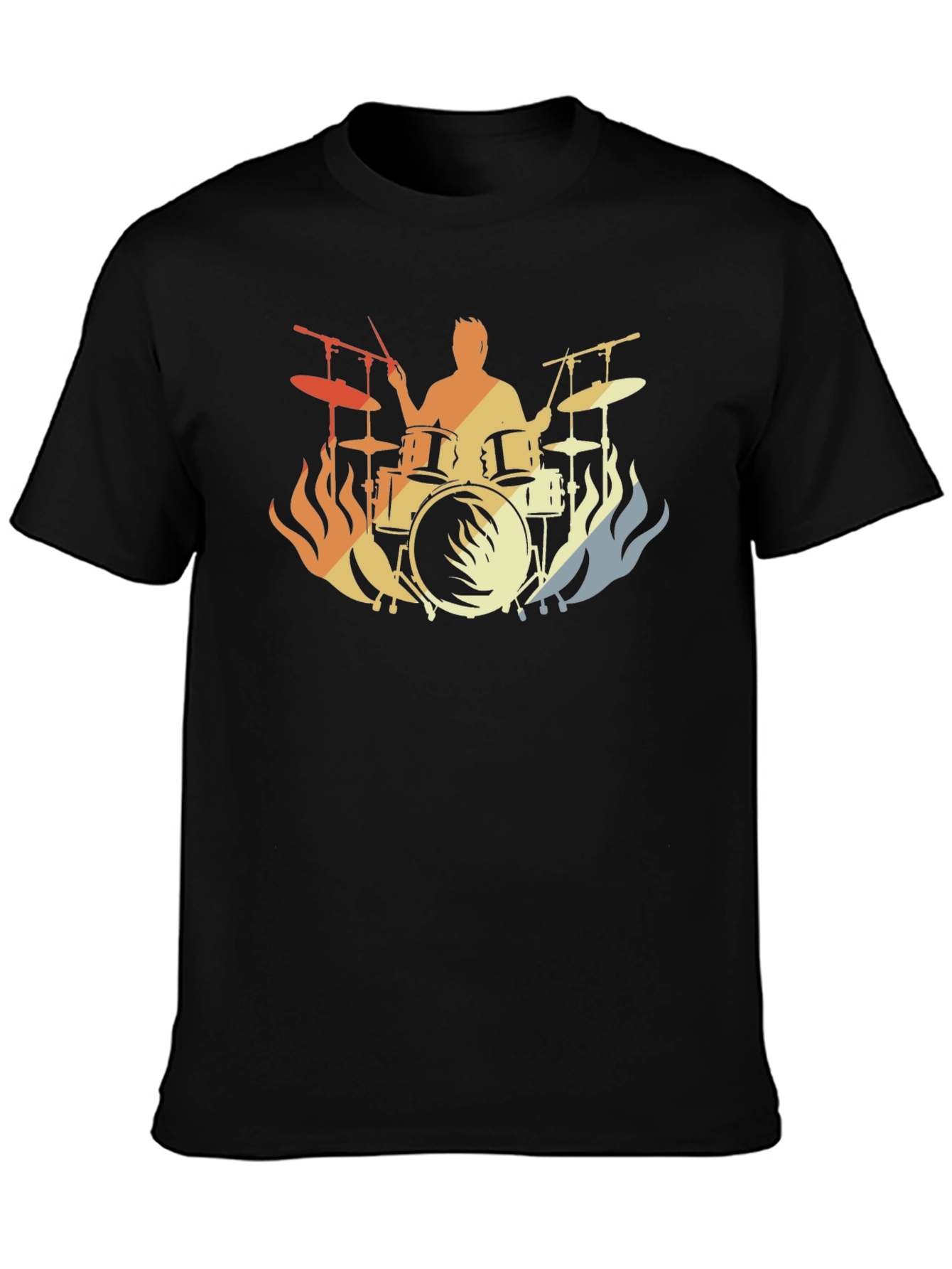 Drummer Fire Silhouette T-Shirt - Black Cotton Tee