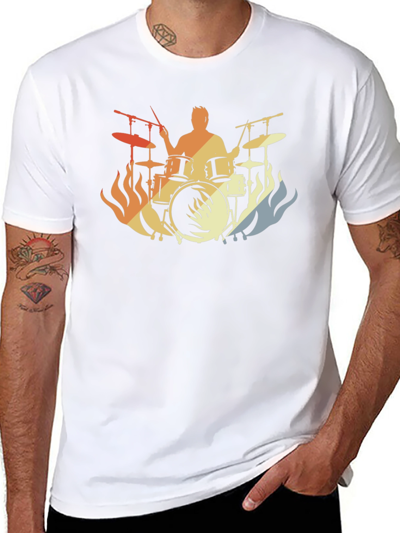 Drummer Fire Silhouette T-Shirt - Black Cotton Tee