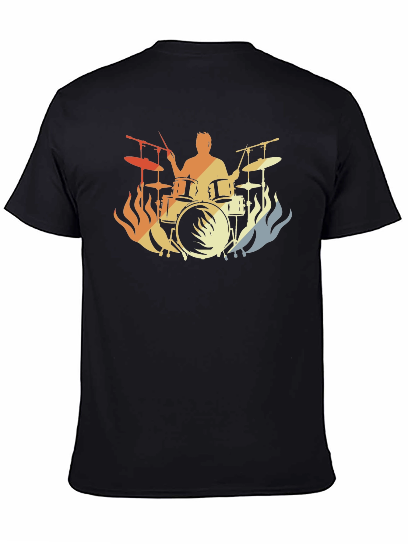 Drummer Fire Silhouette T-Shirt - Black Cotton Tee