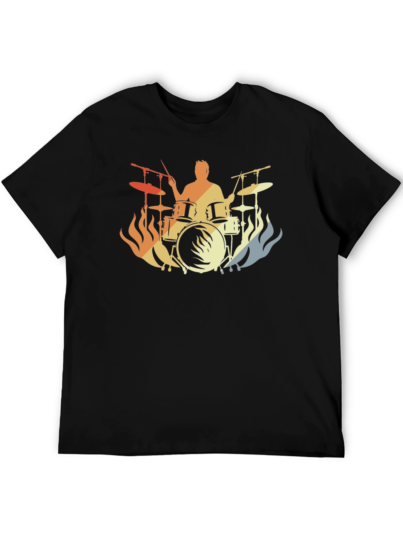 Drummer Fire Silhouette T-Shirt - Black Cotton Tee