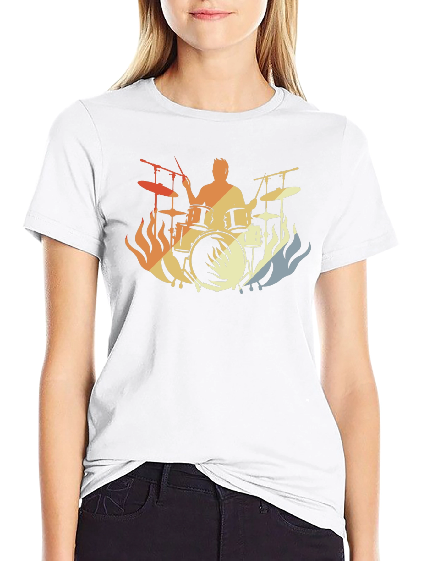 Drummer Fire Silhouette T-Shirt - Black Cotton Tee