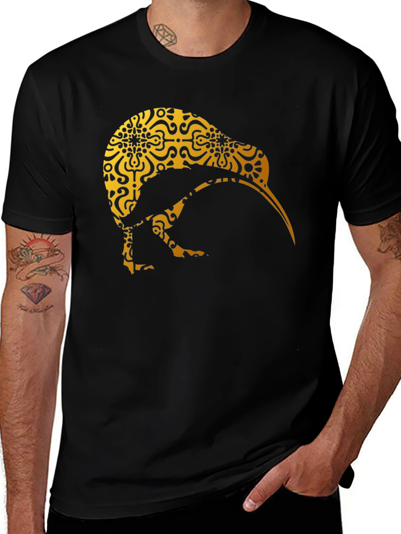 Kiwi Bird Patterned T-Shirt - Unique Gold Design