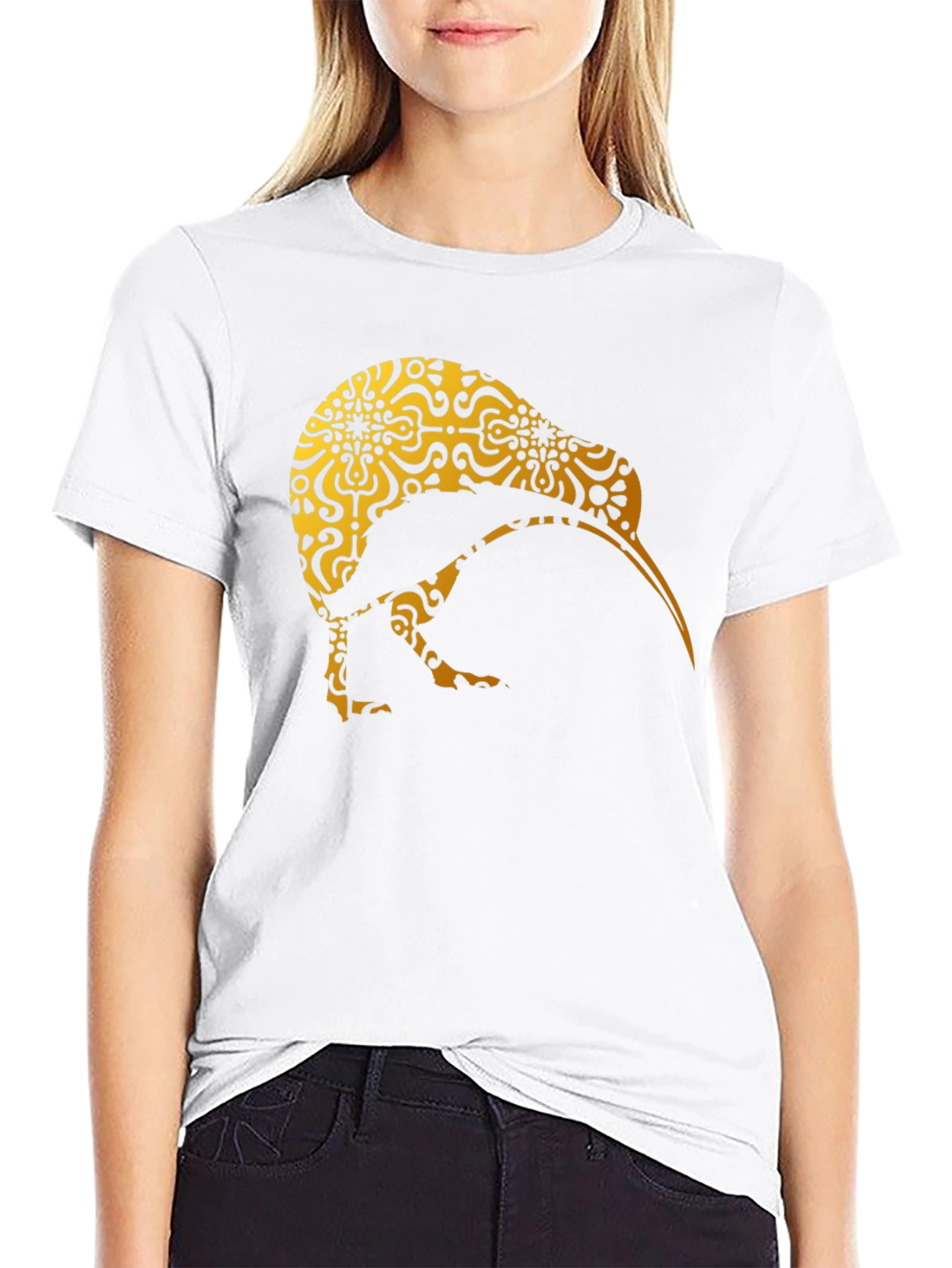 Kiwi Bird Patterned T-Shirt - Unique Gold Design