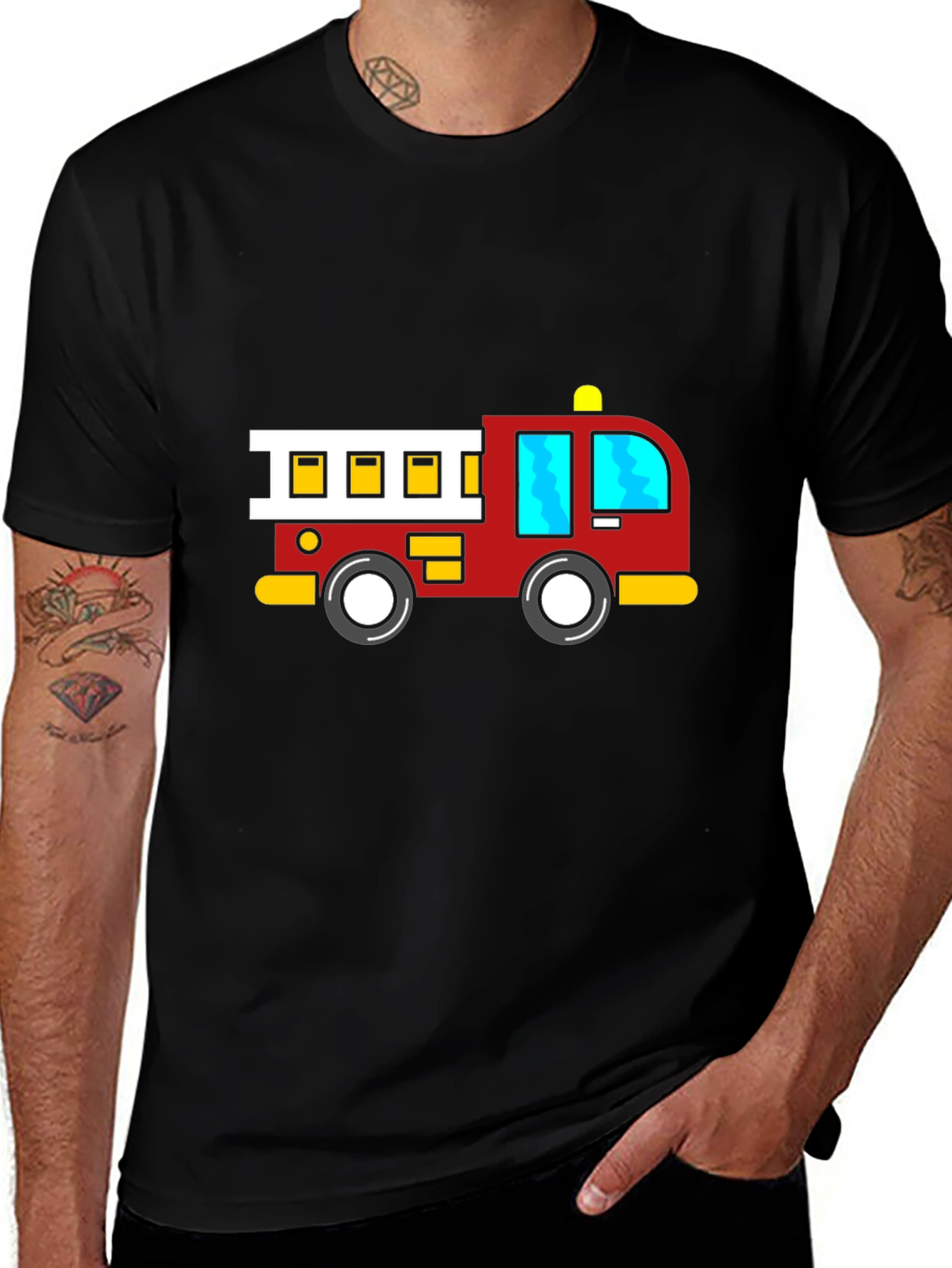 Cartoon Firetruck Black T-Shirt