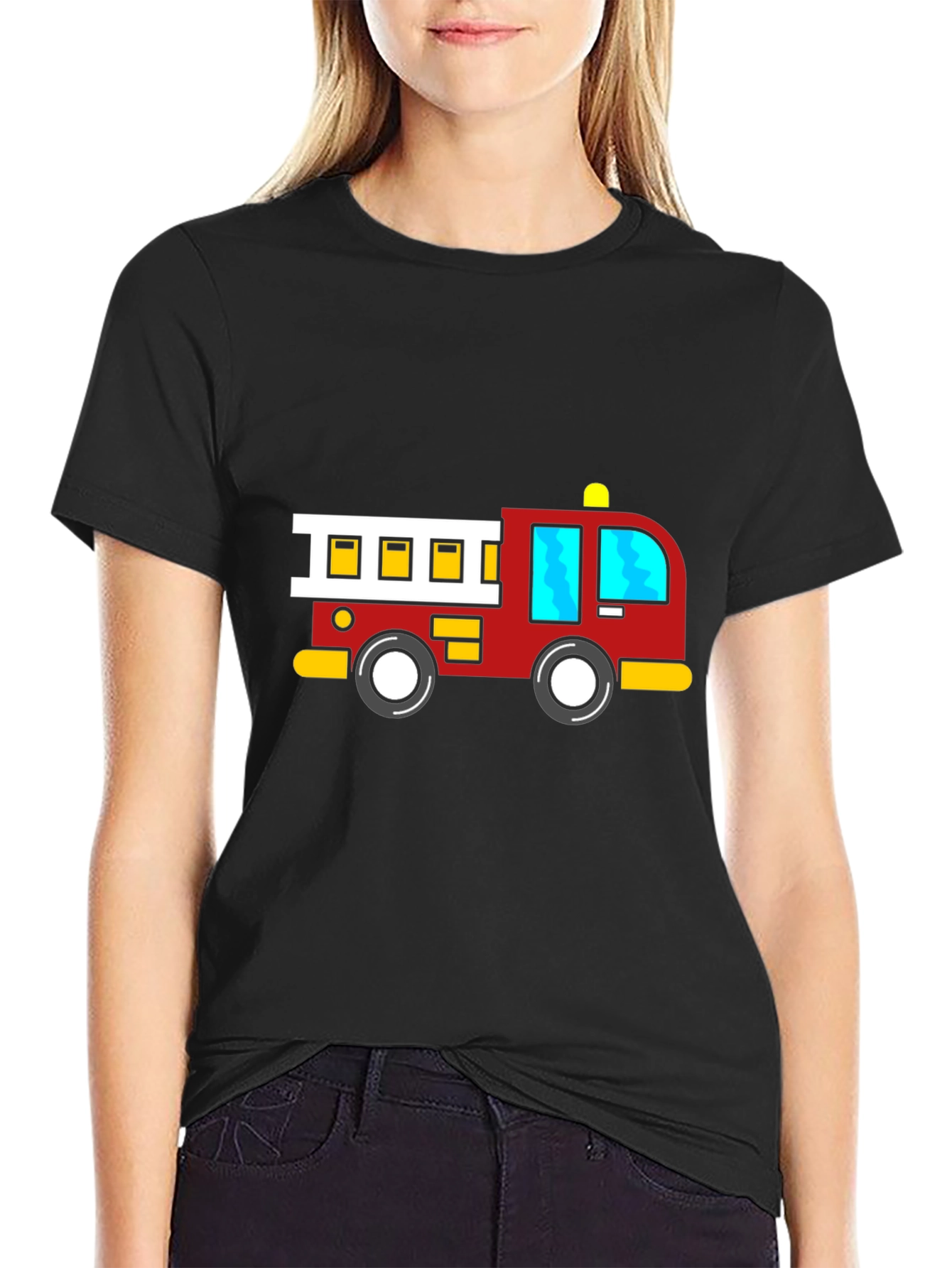 Cartoon Firetruck Black T-Shirt
