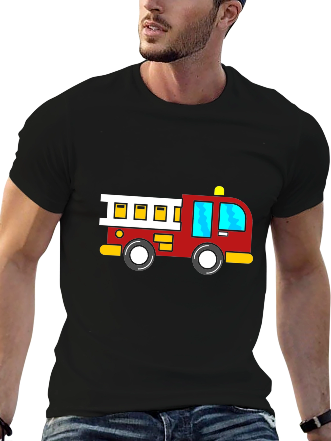 Cartoon Firetruck Black T-Shirt