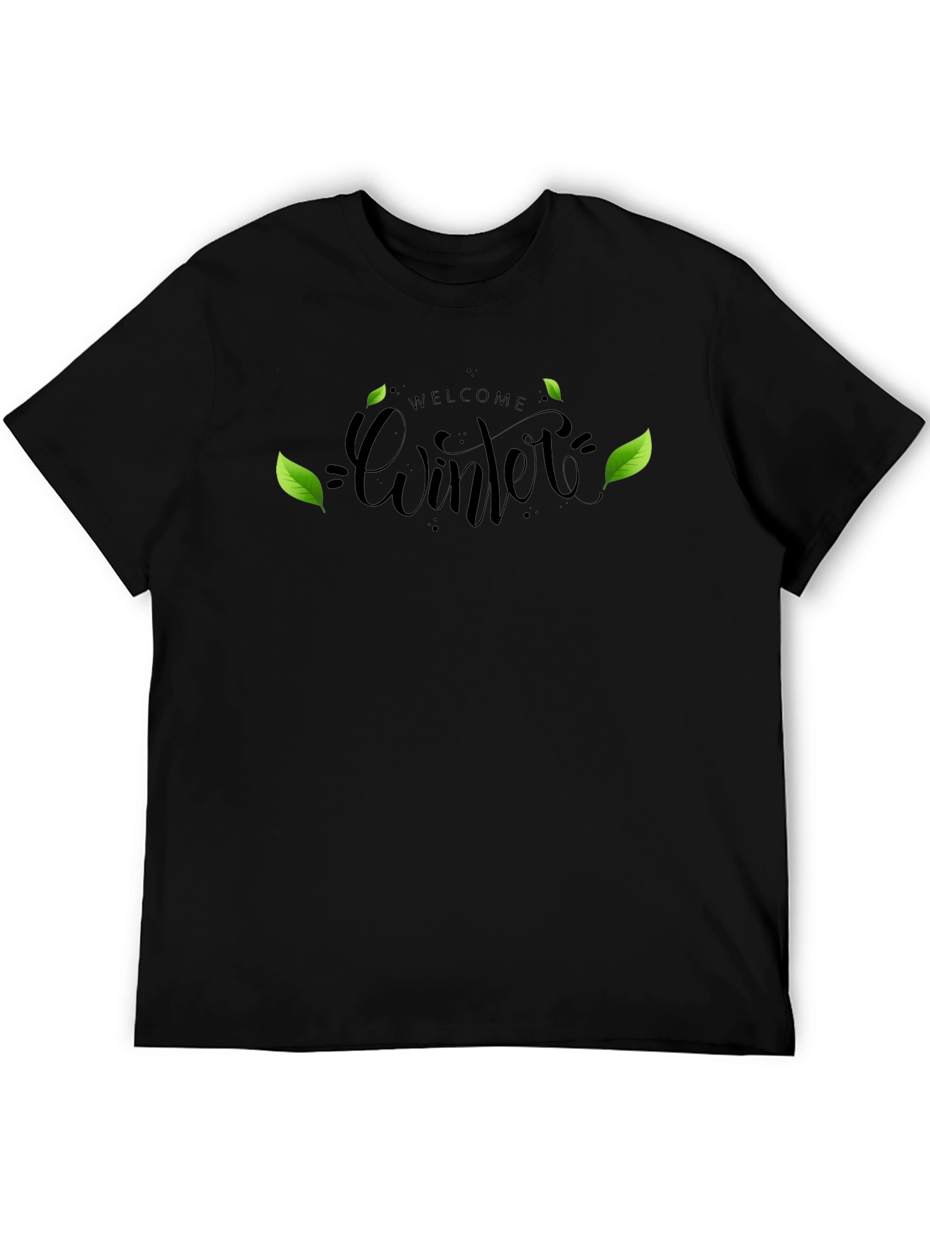 Welcome Winter Black T-Shirt with Leaf Design