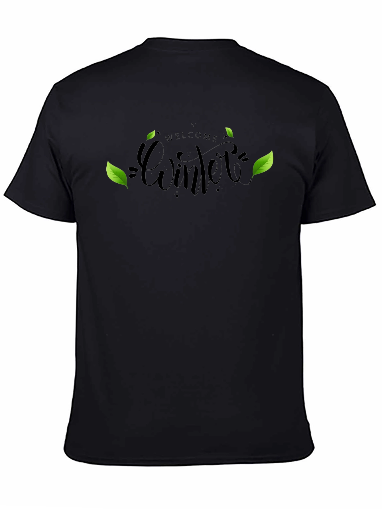 Welcome Winter Black T-Shirt with Leaf Design