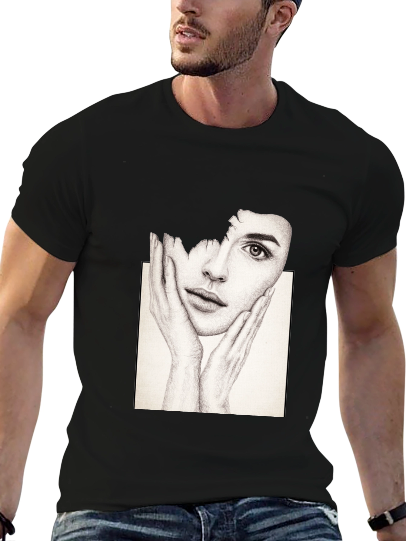 Artistic Face Print Black T-Shirt