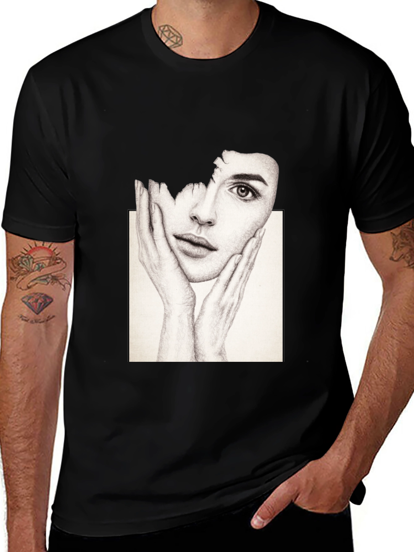 Artistic Face Print Black T-Shirt